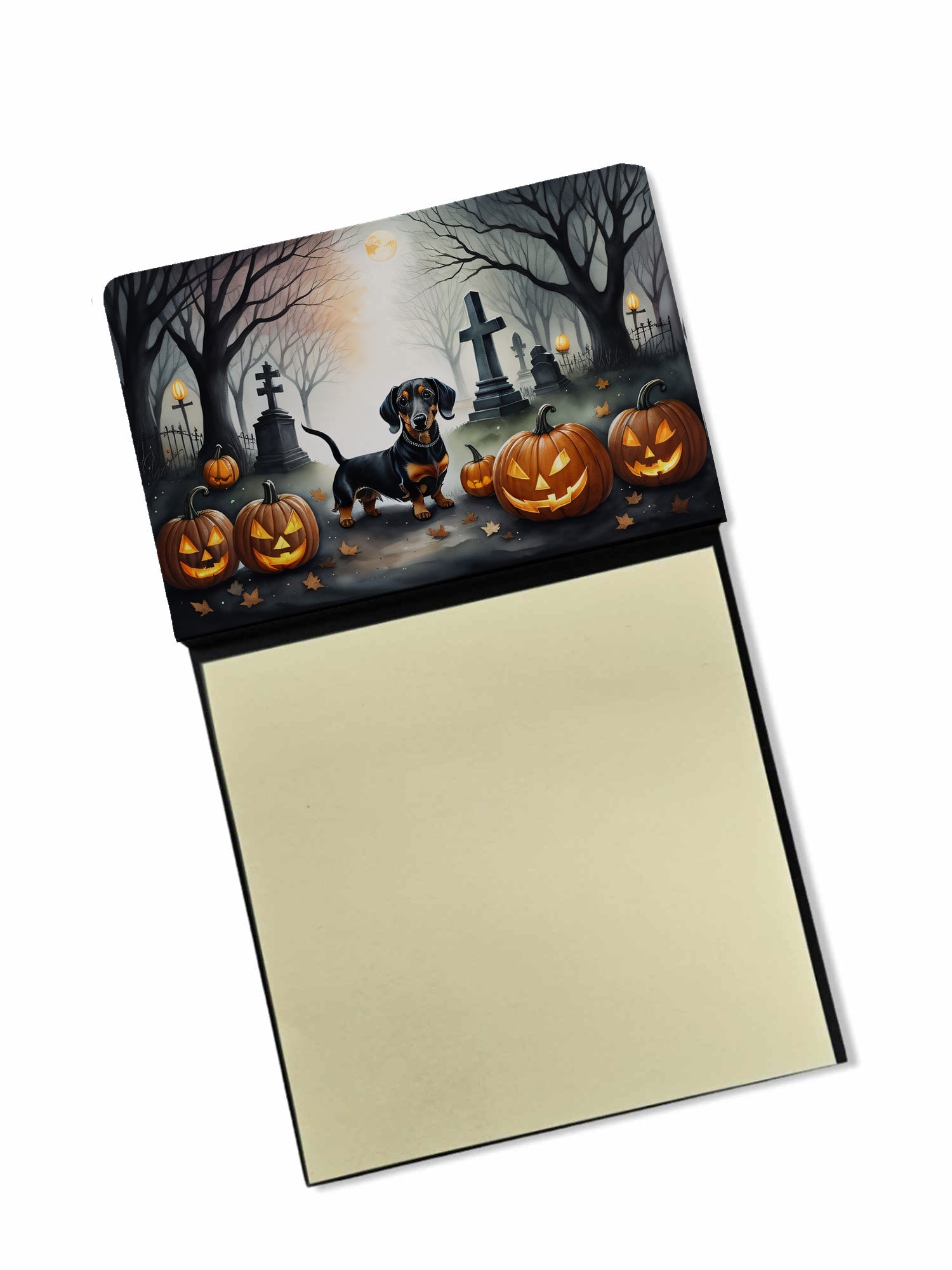 Dachshund Spooky Halloween Watercolor Sticky Note Holder Refillable Dispenser Desk Accessory 3x3 Pad Gift