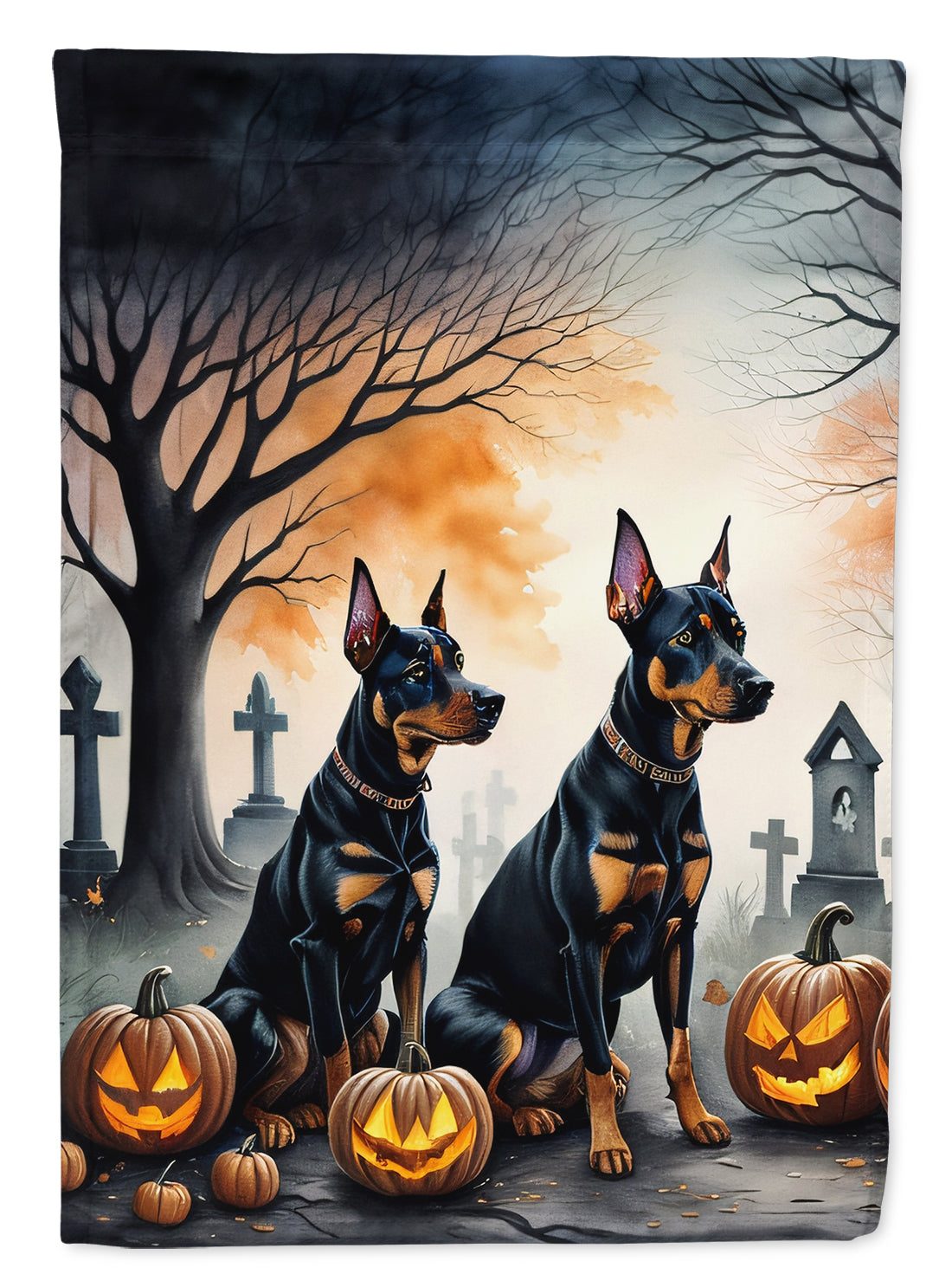 Doberman Pinscher Spooky Halloween House Flag 28x40 Porch Sleeve Pole Decorative Outside Yard Banner Artwork Wall Hanging, Polyester