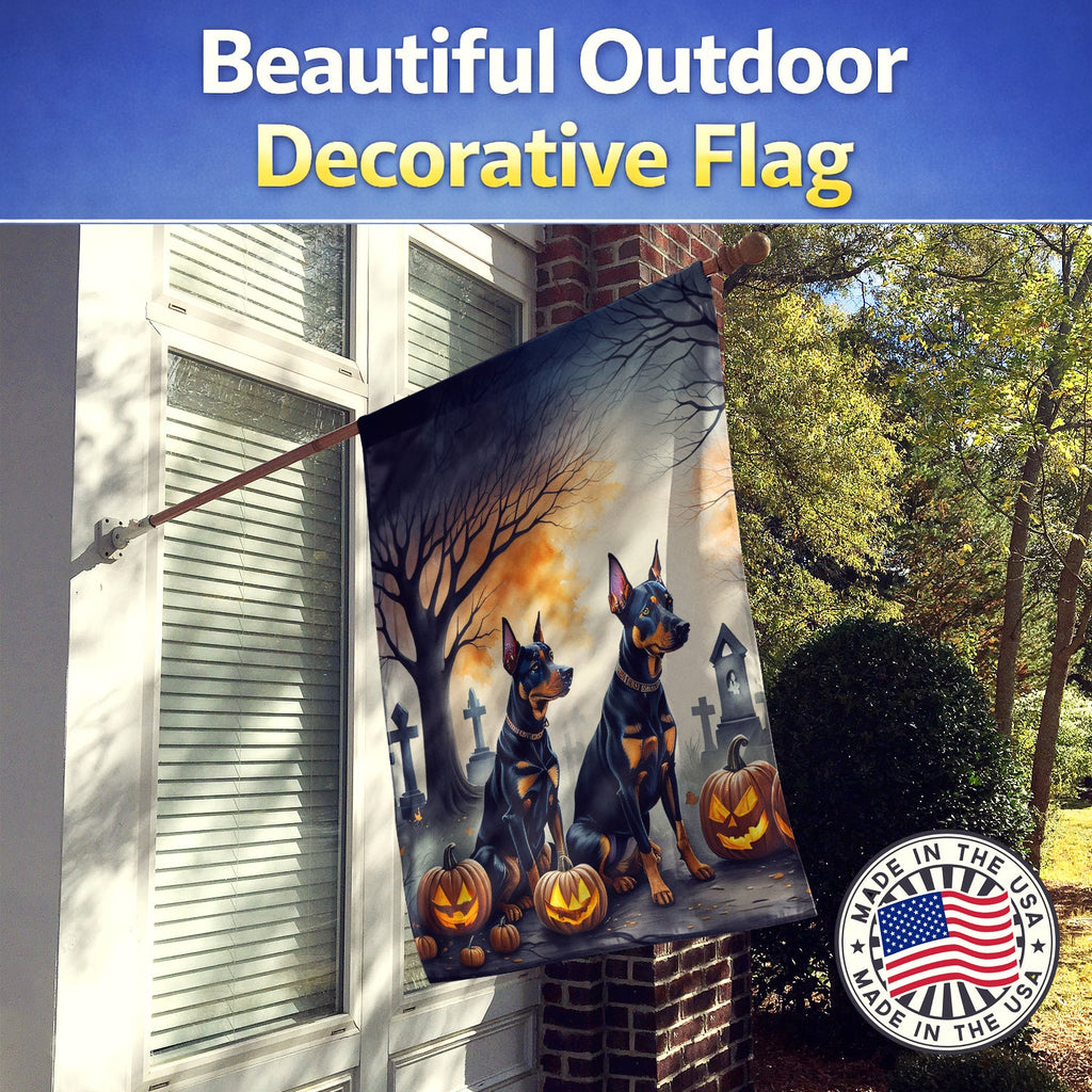 Doberman Pinscher Spooky Halloween House Flag 28x40 Porch Sleeve Pole Decorative Outside Yard Banner Artwork Wall Hanging, Polyester
