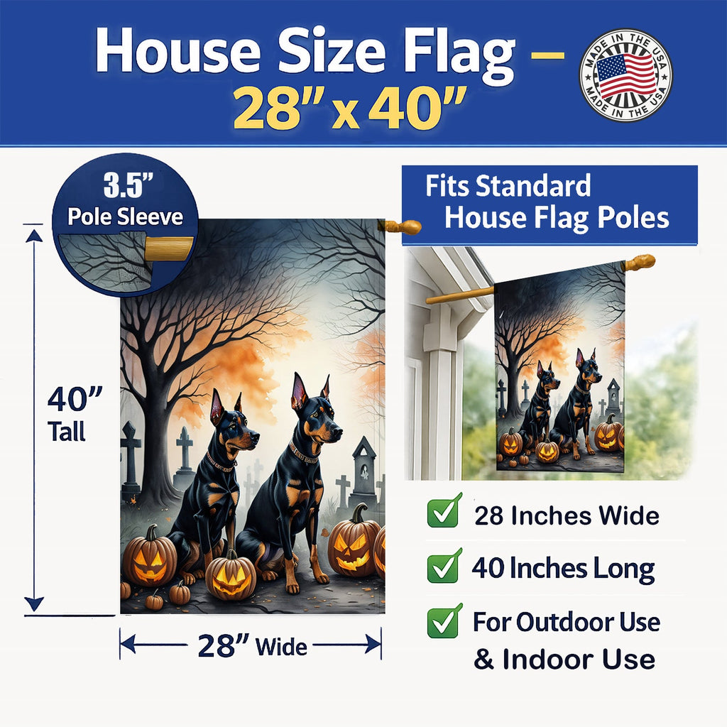 Doberman Pinscher Spooky Halloween House Flag 28x40 Porch Sleeve Pole Decorative Outside Yard Banner Artwork Wall Hanging, Polyester