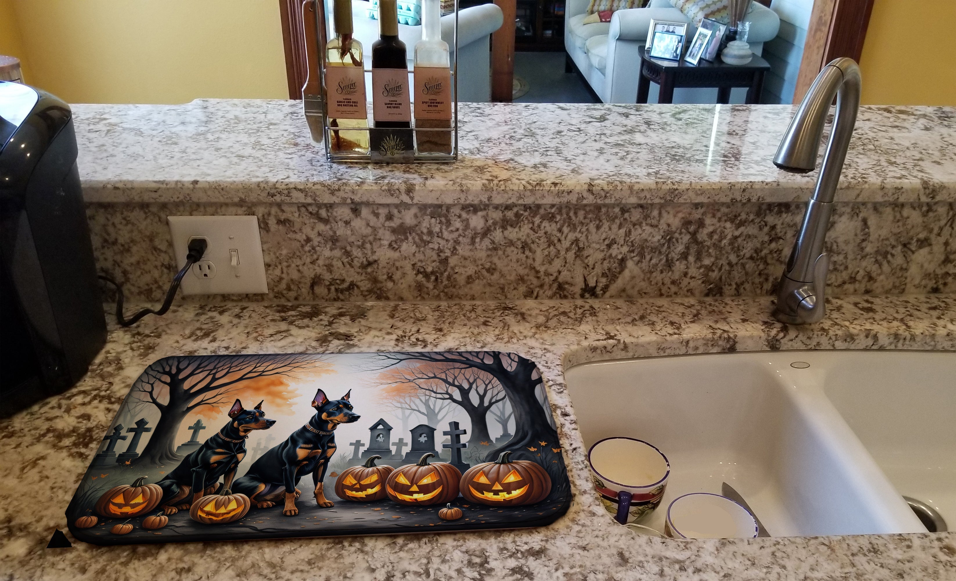 Doberman Pinscher Spooky Halloween Dish Drying Mat Absorbent Dish Drying Mat Pad for Kitchen Counter Dish Drainer Mat for Countertop, 14 x 21", Multicolor