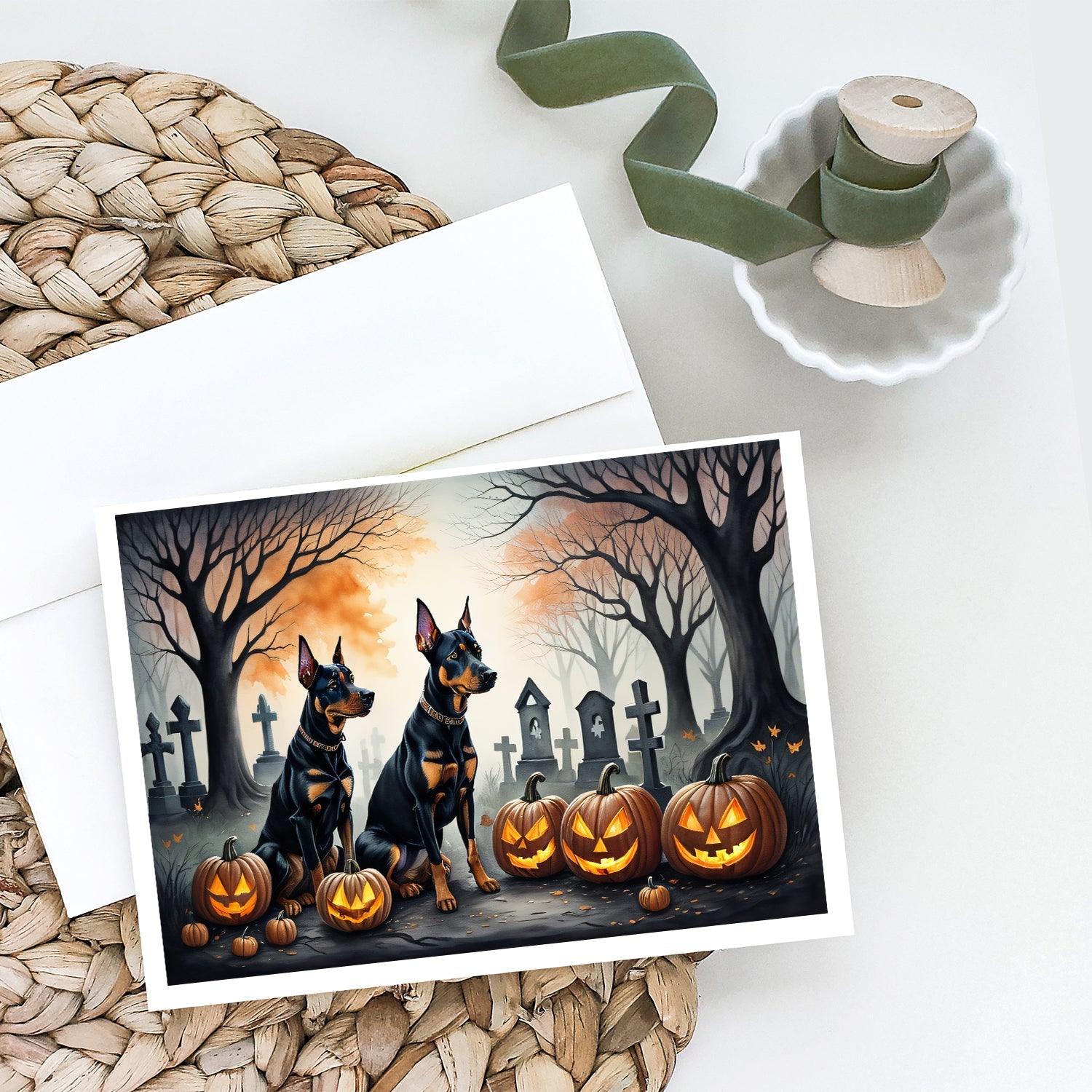 Doberman Pinscher Spooky Halloween Greeting Cards Pack of 8 Blank Cards with Envelopes Whimsical A7 Size 5x7