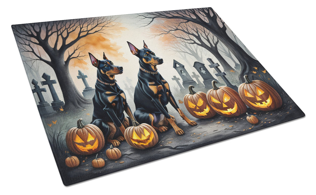 Doberman Pinscher Spooky Halloween Cutting Board Tempered Glass Kitchen Cutting Surface, Heat Resistant Chopping, Non-Slip Feet, Food Prep & Serving