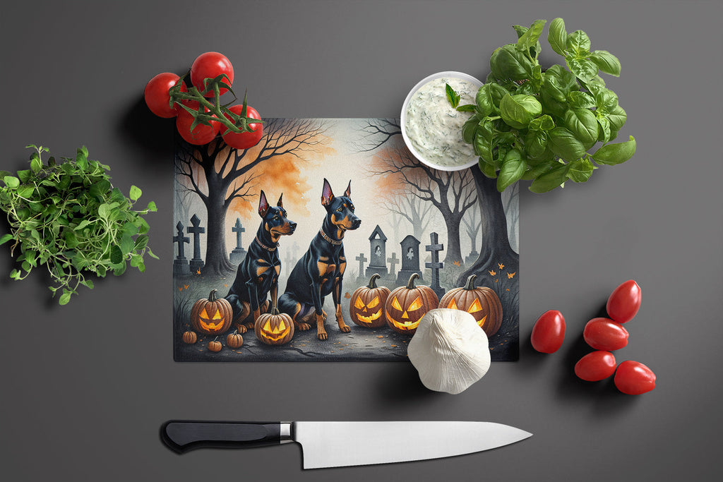 Doberman Pinscher Spooky Halloween Cutting Board Tempered Glass Kitchen Cutting Surface, Heat Resistant Chopping, Non-Slip Feet, Food Prep & Serving