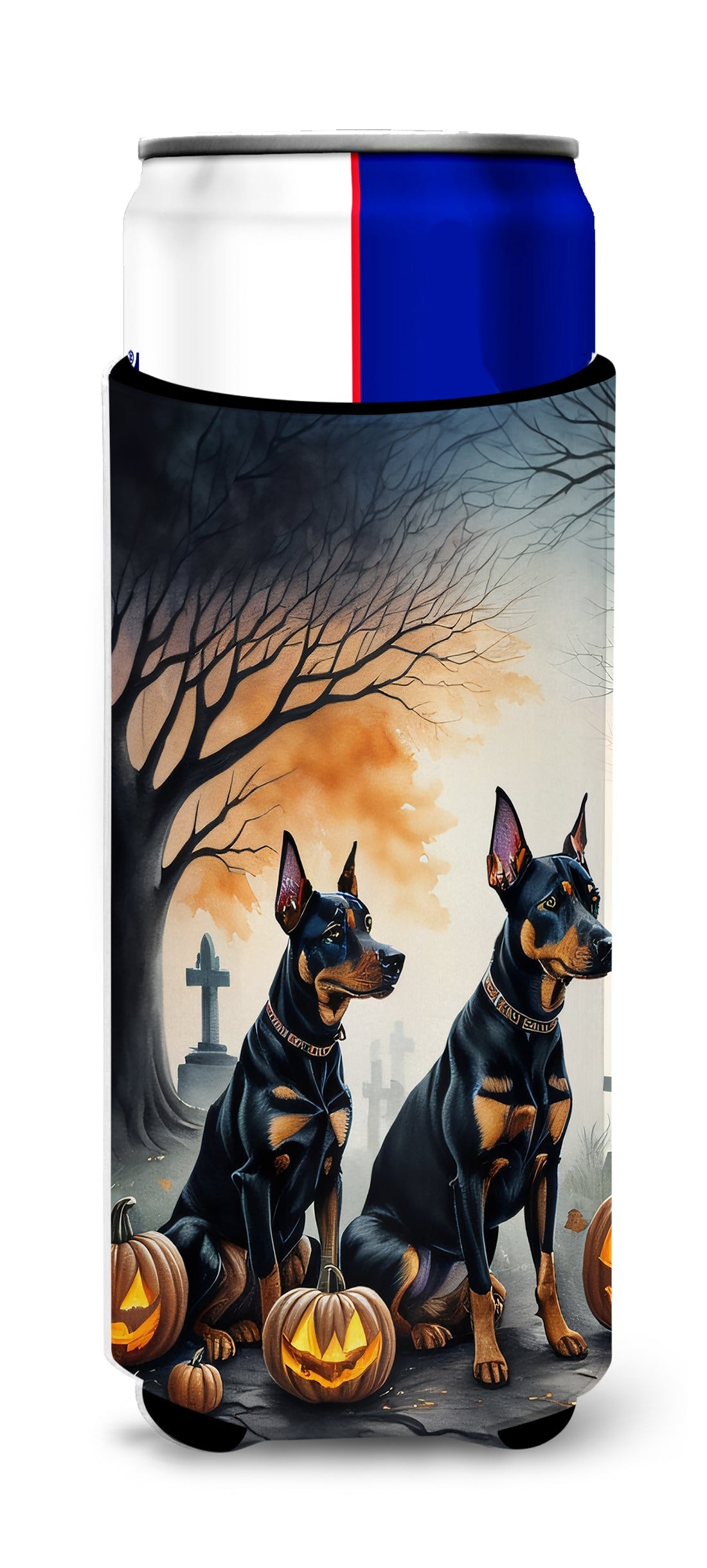 Doberman Pinscher Spooky Halloween Slim Can Hugger , Insulated Foam Hugger for 12 oz Slim Cans, Beer Bottles & Water Bottles, Printed in USA