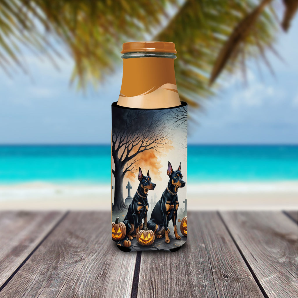 Doberman Pinscher Spooky Halloween Slim Can Hugger , Insulated Foam Hugger for 12 oz Slim Cans, Beer Bottles & Water Bottles, Printed in USA