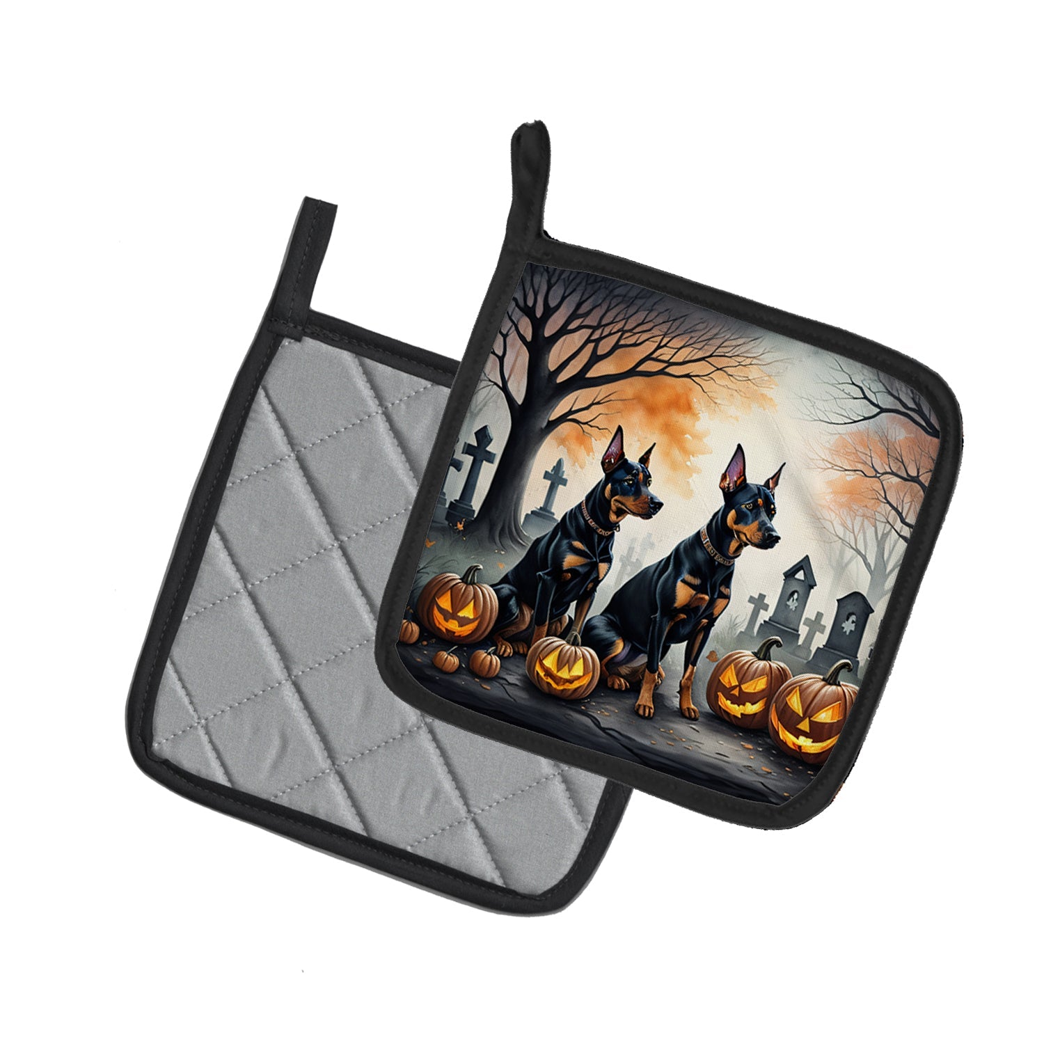 Doberman Pinscher Spooky Halloween Pot Holder Set of 2 Heat Resistant Quilted Hot Pads 7.5 x 7.5 Inch, Insulated Kitchen Trivets for Cooking & Baking