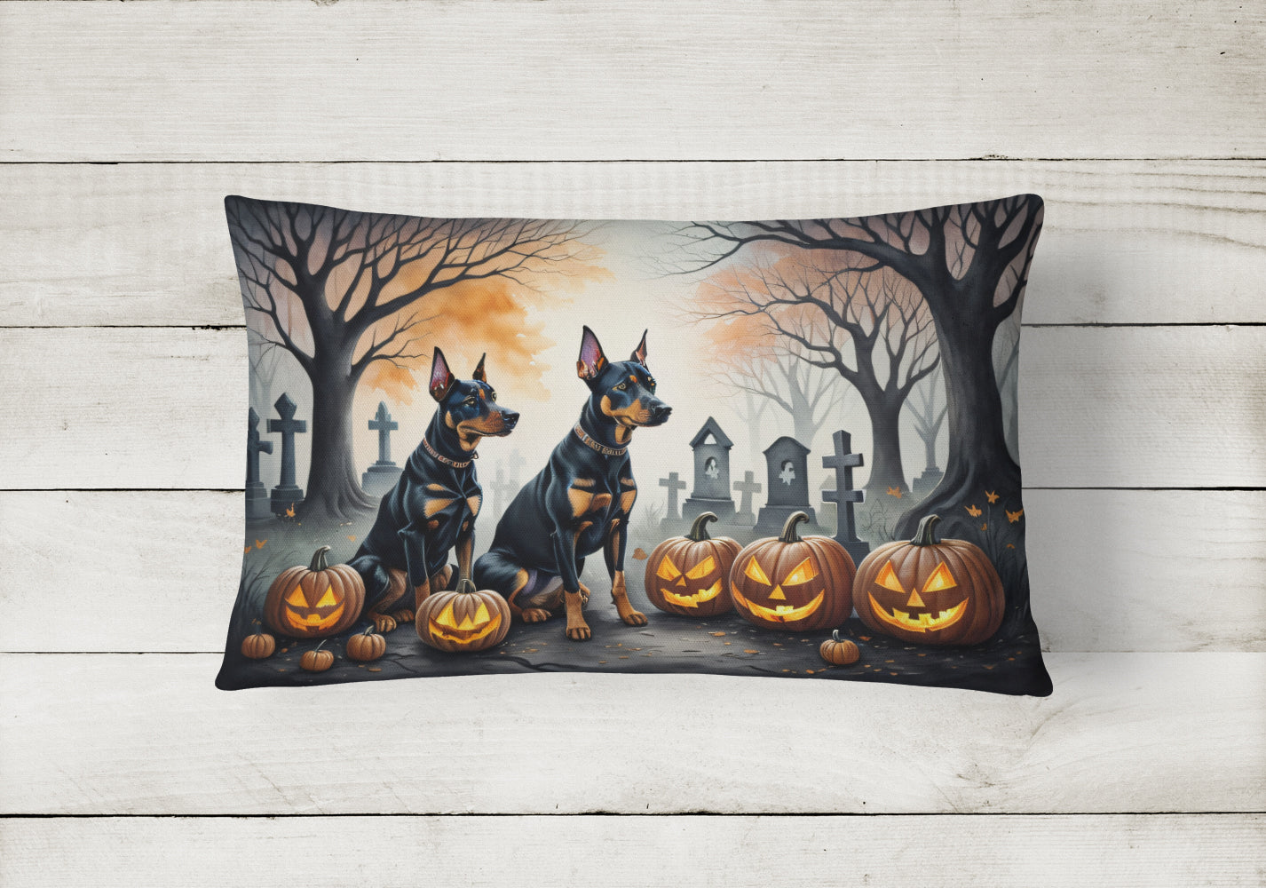 Doberman Pinscher Spooky Halloween Decorative Throw Pillow 12x16 Indoor Outdoor Accent Cushion, Fabric Cover with Insert for Sofa, Bed, Porch & Living Room