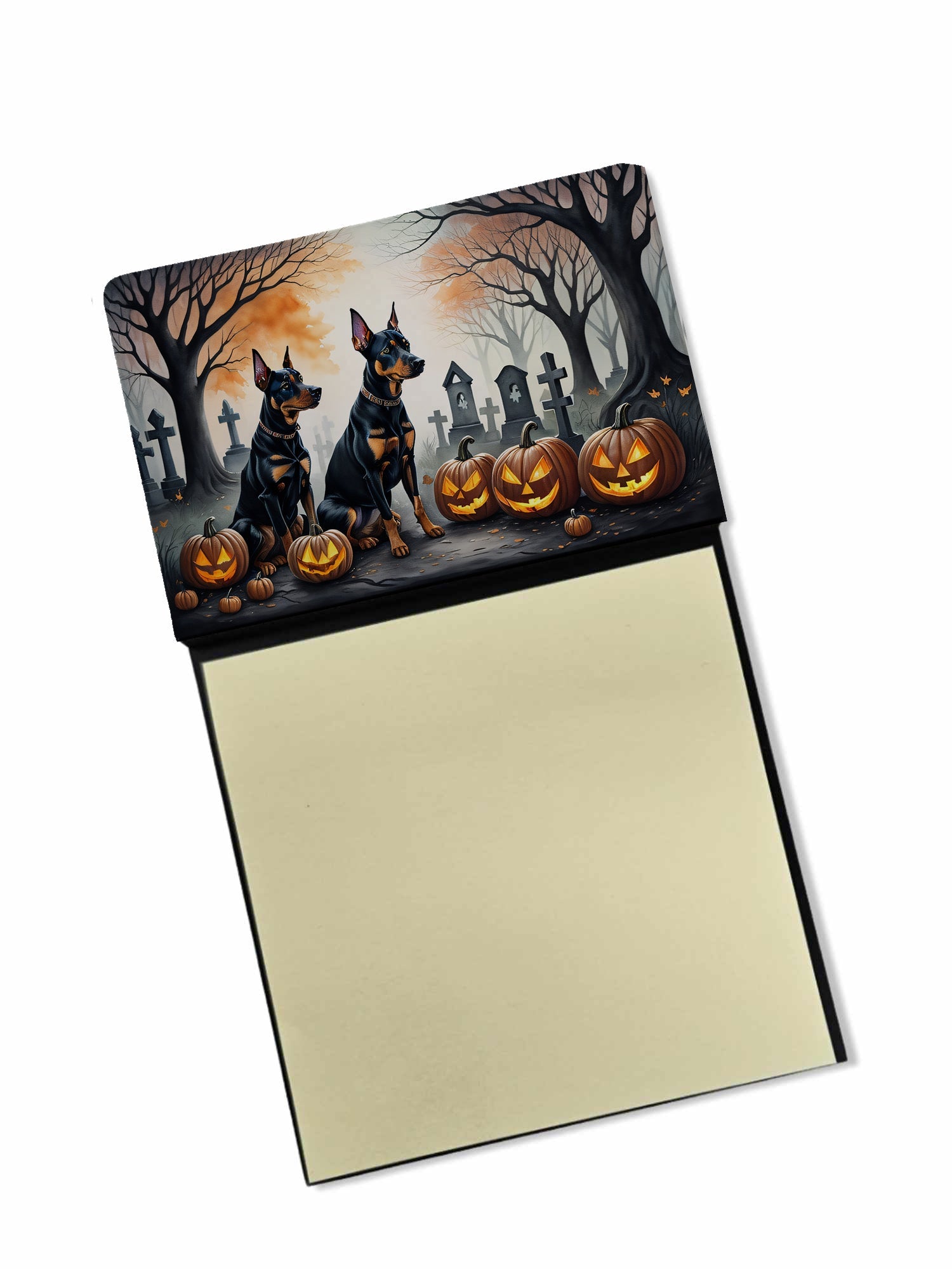 Doberman Pinscher Spooky Halloween Watercolor Sticky Note Holder Refillable Dispenser Desk Accessory 3x3 Pad Gift