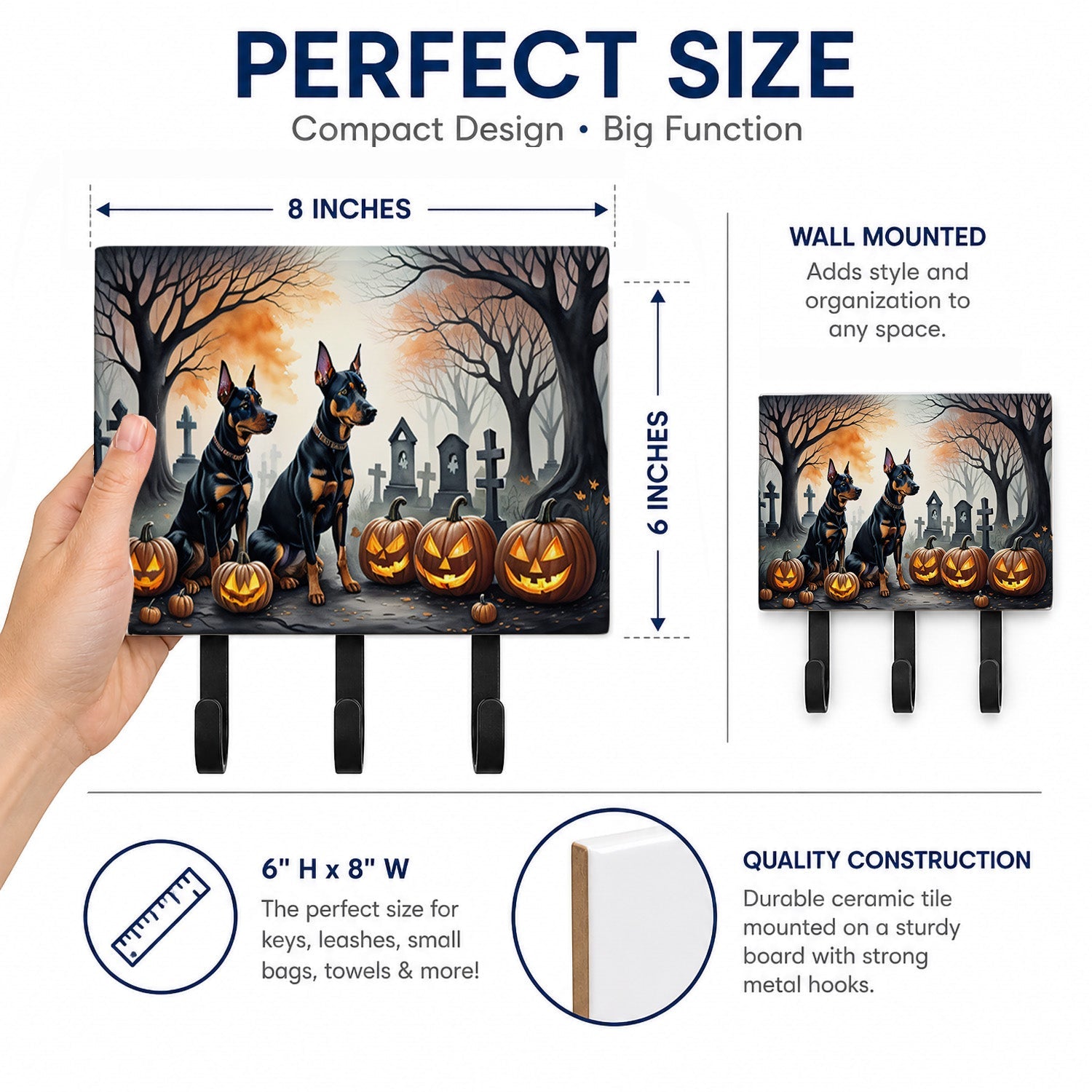 Doberman Pinscher Spooky Halloween Leash or Key Holder Wall Hooks, Coat Rack Wall Mount, for Hanging Keys, Towels, Aprons, Leashes