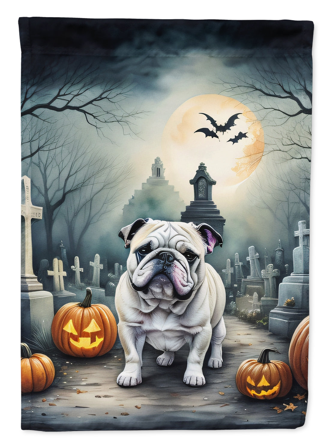 English Bulldog Spooky Halloween House Flag 28x40 Porch Sleeve Pole Decorative Outside Yard Banner Artwork Wall Hanging, Polyester