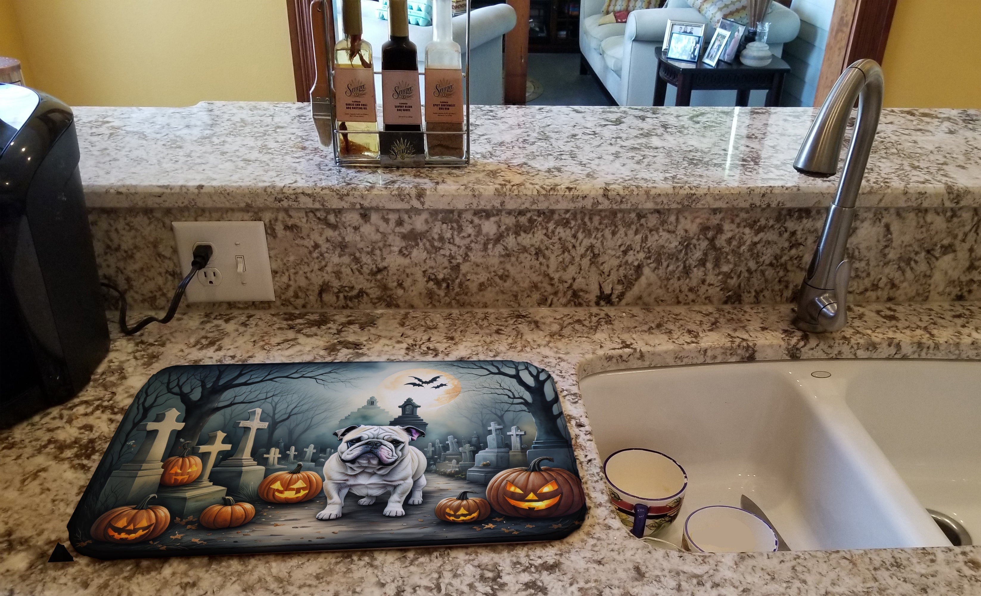 English Bulldog Spooky Halloween Dish Drying Mat Absorbent Dish Drying Mat Pad for Kitchen Counter Dish Drainer Mat for Countertop, 14 x 21", Multicolor