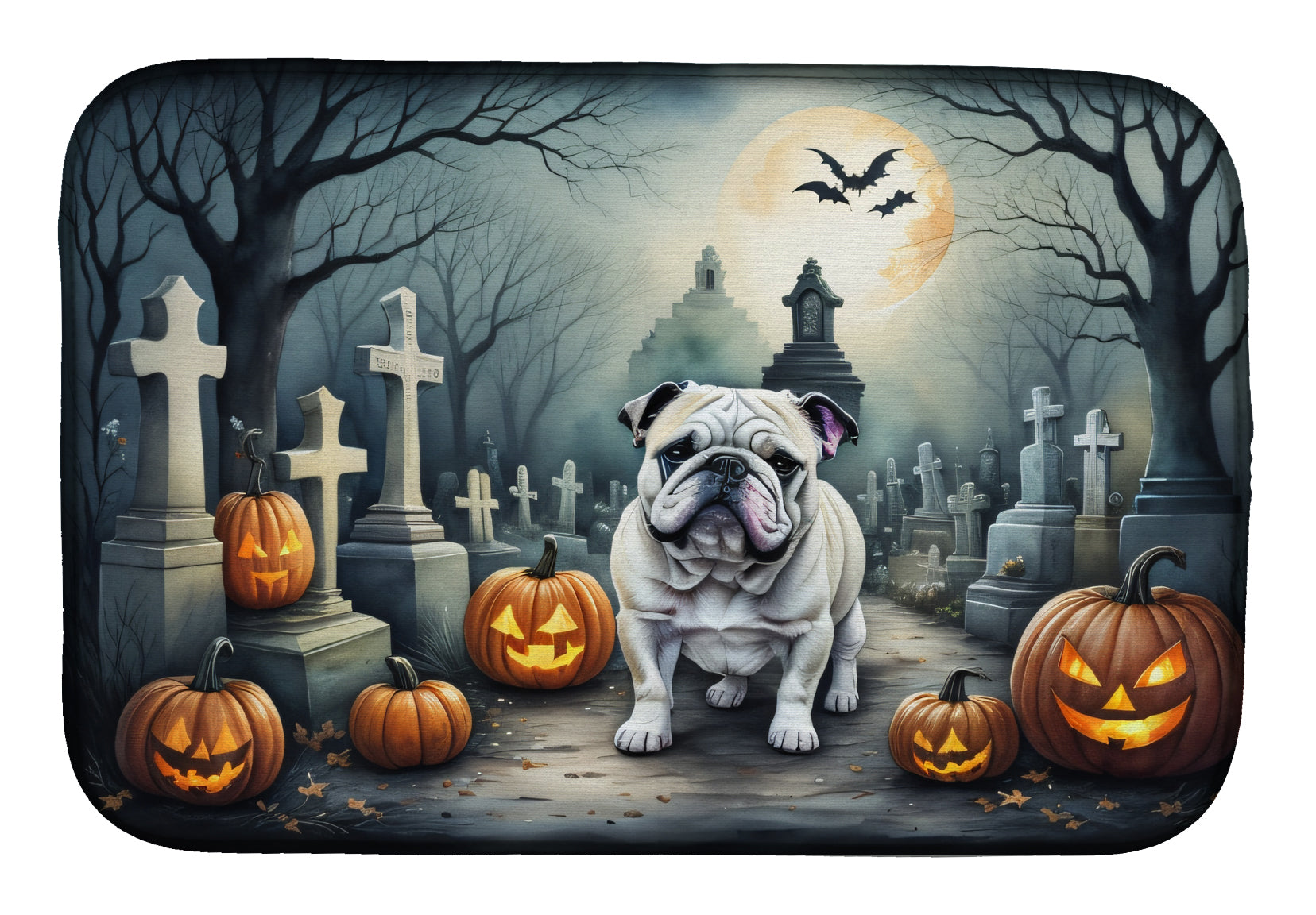English Bulldog Spooky Halloween Dish Drying Mat Absorbent Dish Drying Mat Pad for Kitchen Counter Dish Drainer Mat for Countertop, 14 x 21", Multicolor