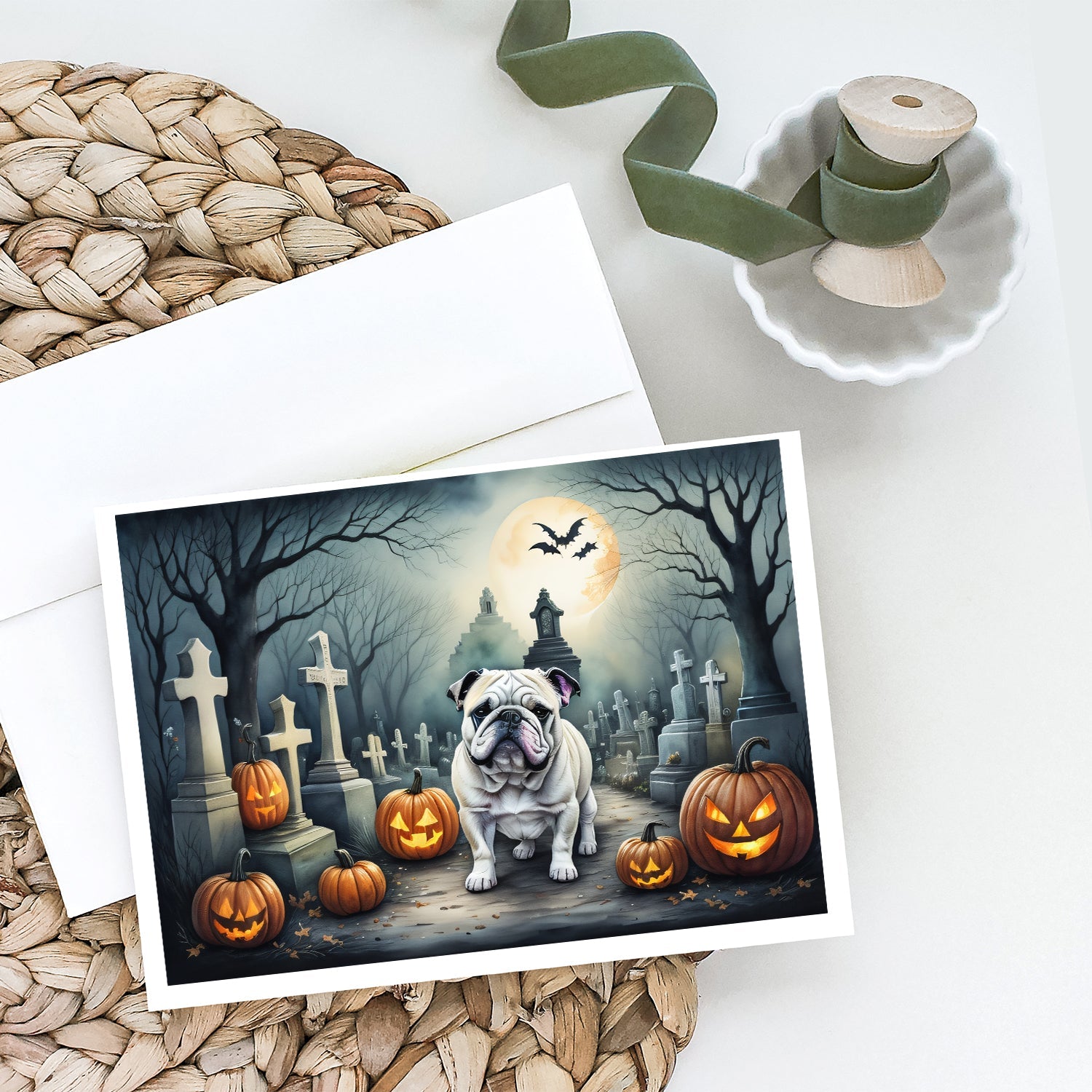 English Bulldog Spooky Halloween Greeting Cards Pack of 8 Blank Cards with Envelopes Whimsical A7 Size 5x7