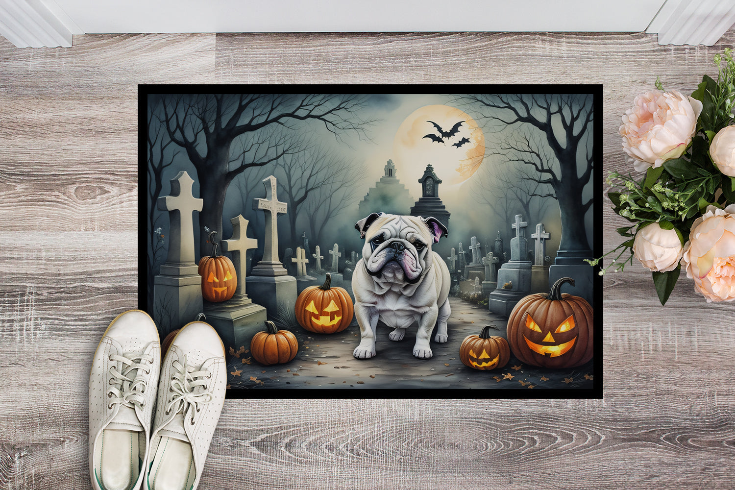 English Bulldog Spooky Halloween Doormat Indoor Outdoor 24H X 36W Front Door Mat Rugs for Entryway, Non Slip Washable Low Pile,