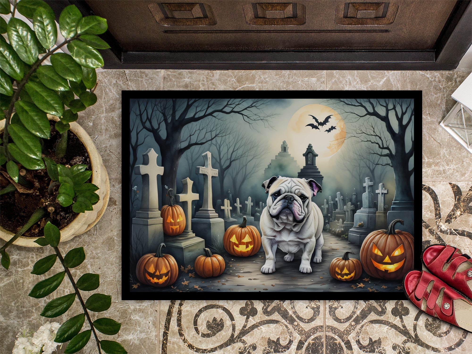 English Bulldog Spooky Halloween Doormat Indoor Outdoor 24H X 36W Front Door Mat Rugs for Entryway, Non Slip Washable Low Pile,