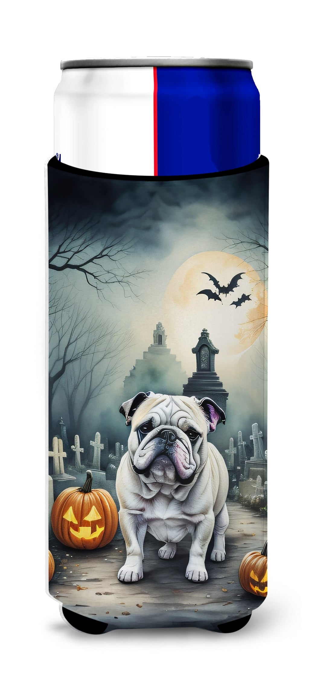 English Bulldog Spooky Halloween Slim Can Hugger , Insulated Foam Hugger for 12 oz Slim Cans, Beer Bottles & Water Bottles, Printed in USA