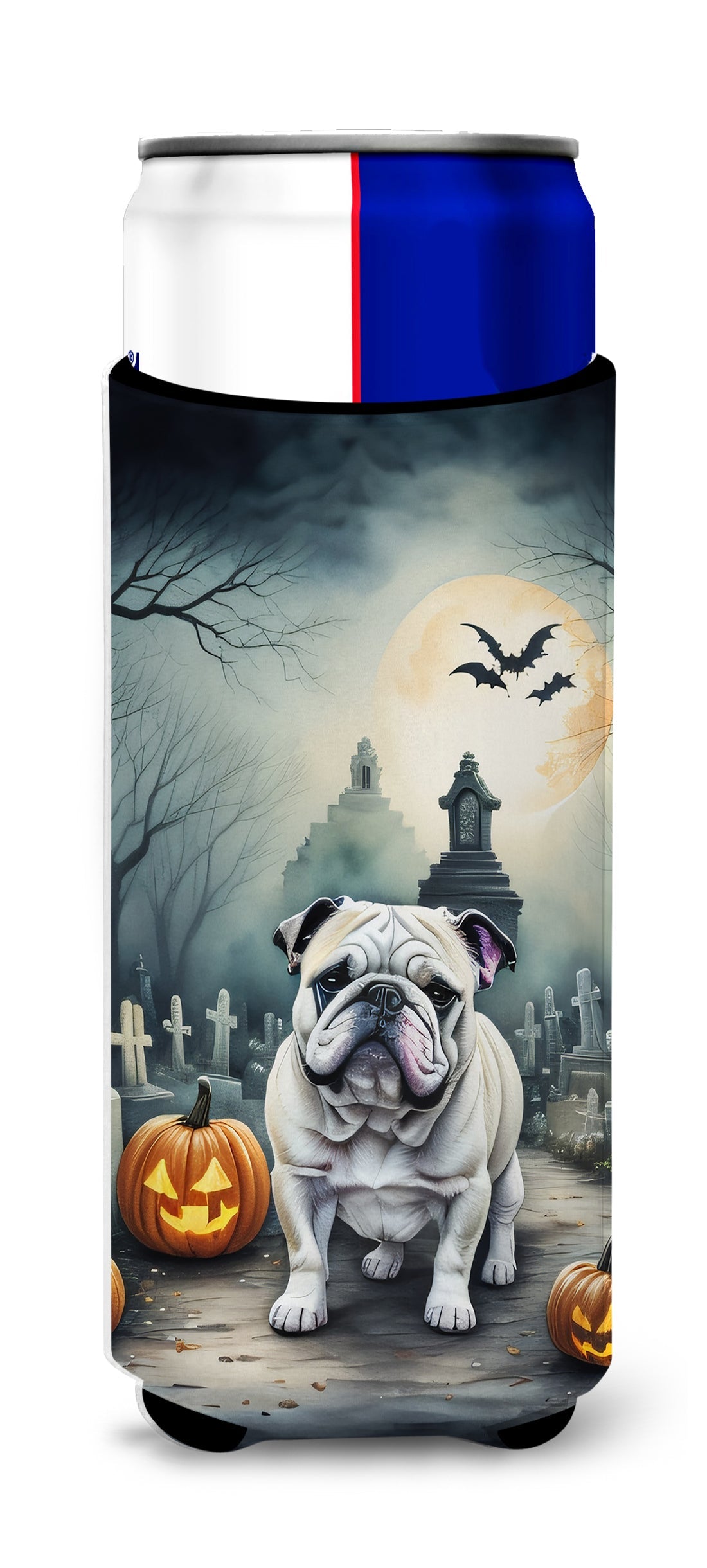 English Bulldog Spooky Halloween Slim Can Hugger , Insulated Foam Hugger for 12 oz Slim Cans, Beer Bottles & Water Bottles, Printed in USA