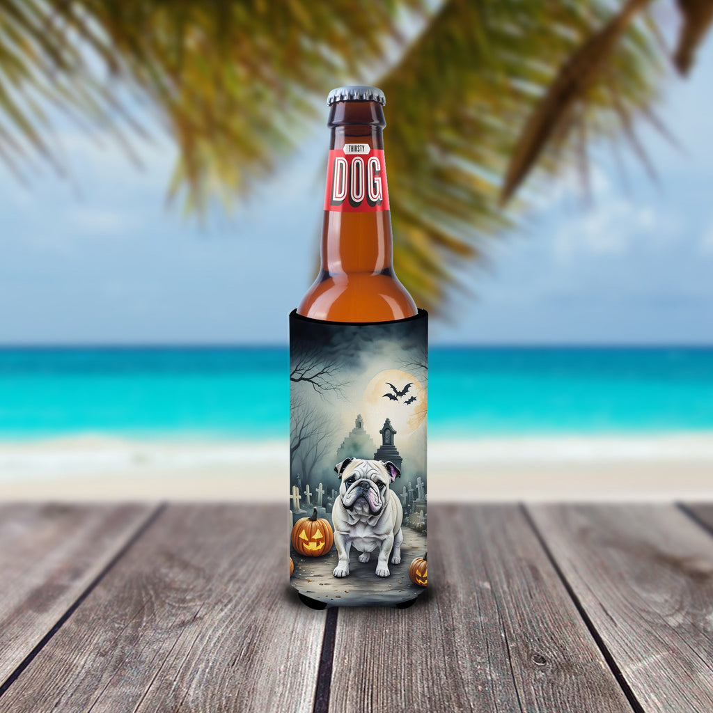 English Bulldog Spooky Halloween Slim Can Hugger , Insulated Foam Hugger for 12 oz Slim Cans, Beer Bottles & Water Bottles, Printed in USA