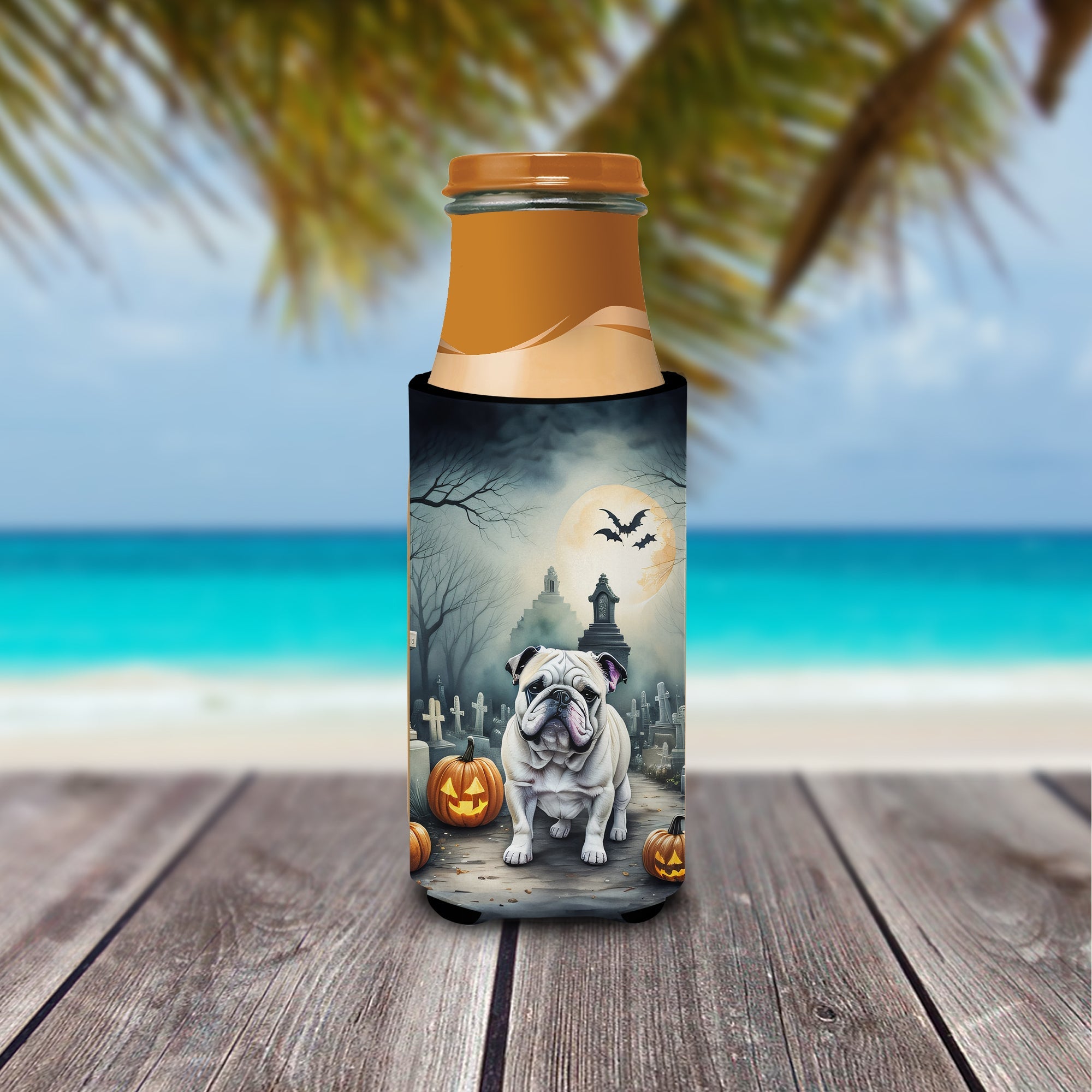 English Bulldog Spooky Halloween Slim Can Hugger , Insulated Foam Hugger for 12 oz Slim Cans, Beer Bottles & Water Bottles, Printed in USA
