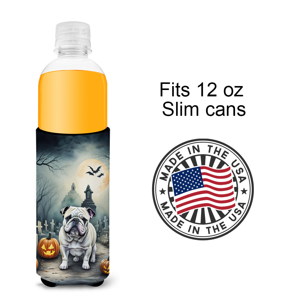 English Bulldog Spooky Halloween Slim Can Hugger , Insulated Foam Hugger for 12 oz Slim Cans, Beer Bottles & Water Bottles, Printed in USA