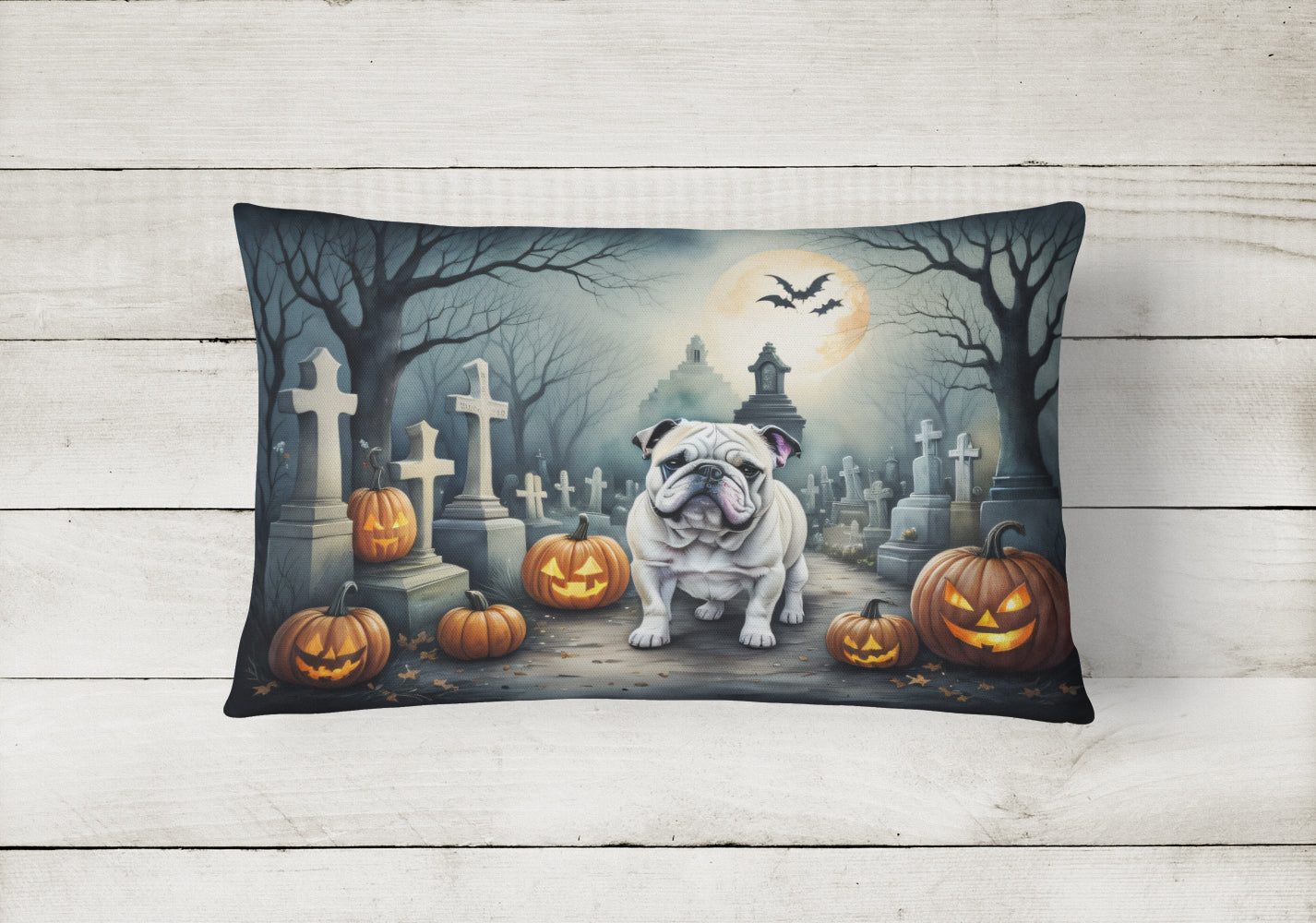 English Bulldog Spooky Halloween Decorative Throw Pillow 12x16 Indoor Outdoor Accent Cushion, Fabric Cover with Insert for Sofa, Bed, Porch & Living Room