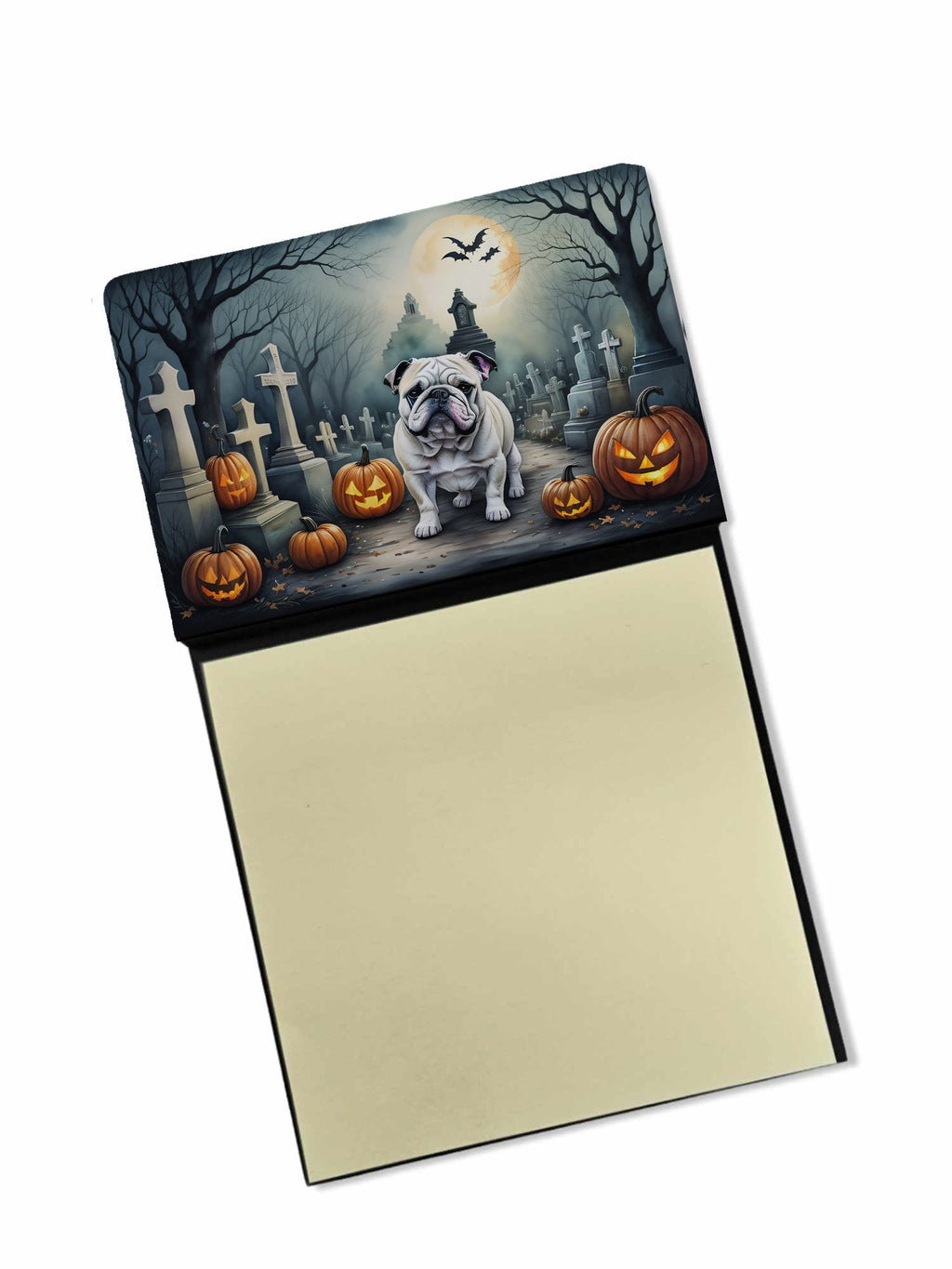English Bulldog Spooky Halloween Watercolor Sticky Note Holder Refillable Dispenser Desk Accessory 3x3 Pad Gift