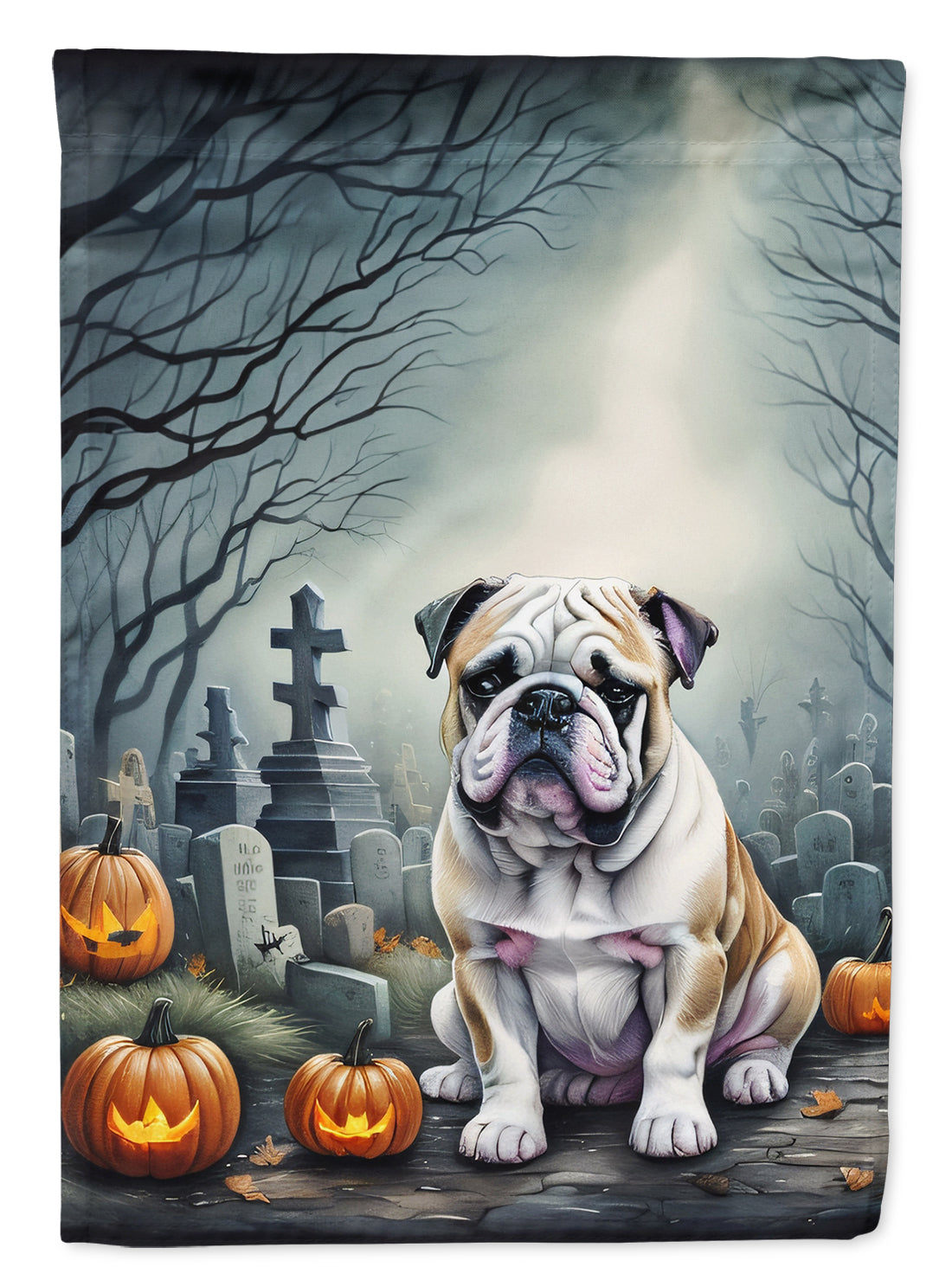 English Bulldog Spooky Halloween House Flag 28x40 Porch Sleeve Pole Decorative Outside Yard Banner Artwork Wall Hanging, Polyester