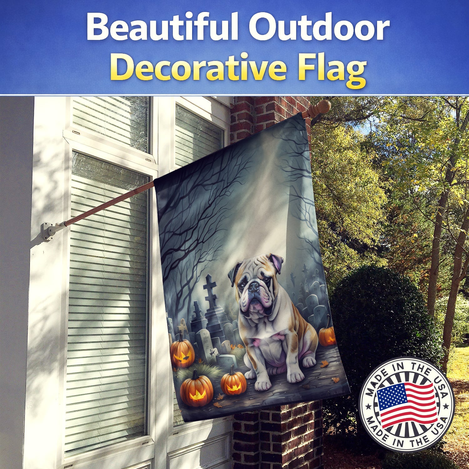 English Bulldog Spooky Halloween House Flag 28x40 Porch Sleeve Pole Decorative Outside Yard Banner Artwork Wall Hanging, Polyester