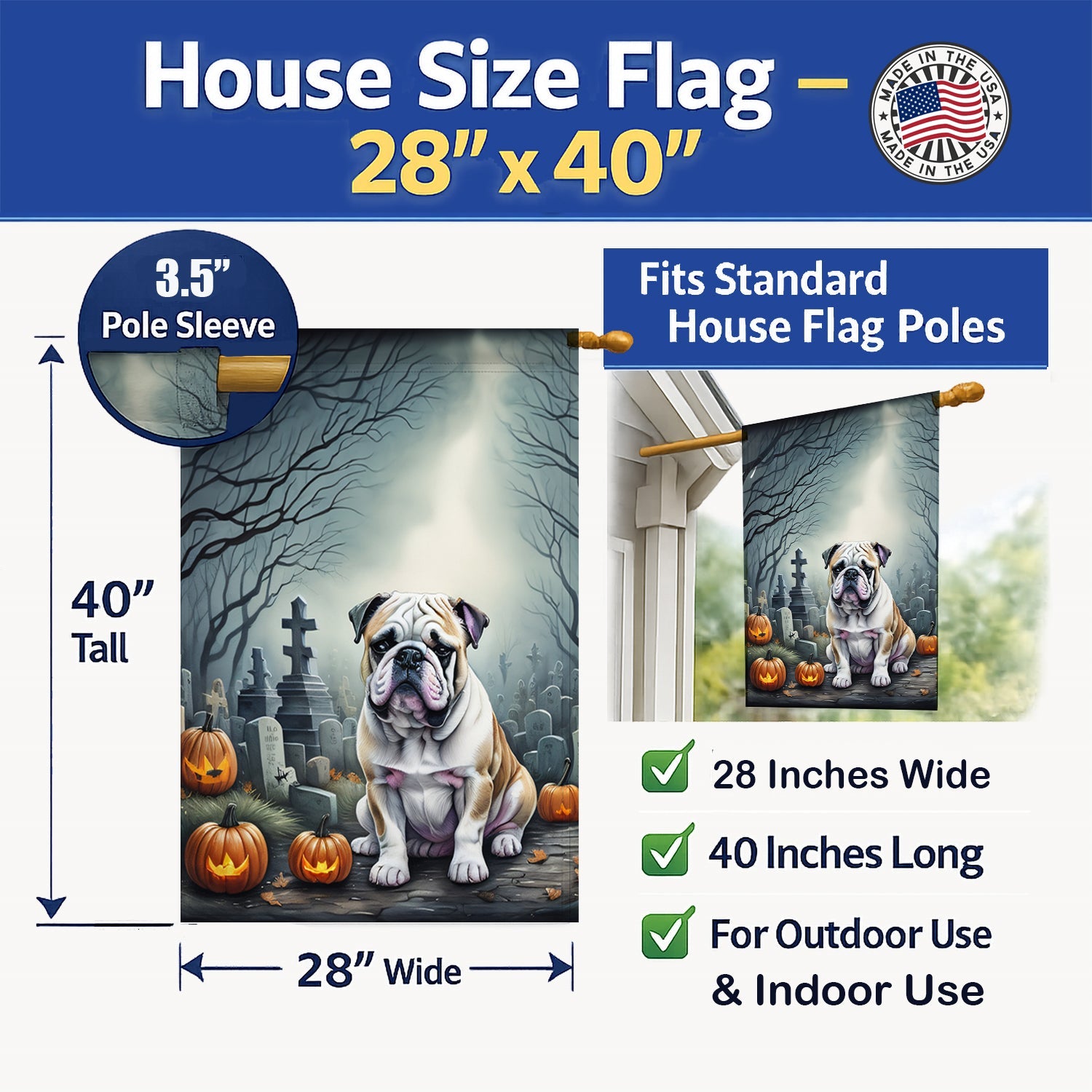 English Bulldog Spooky Halloween House Flag 28x40 Porch Sleeve Pole Decorative Outside Yard Banner Artwork Wall Hanging, Polyester