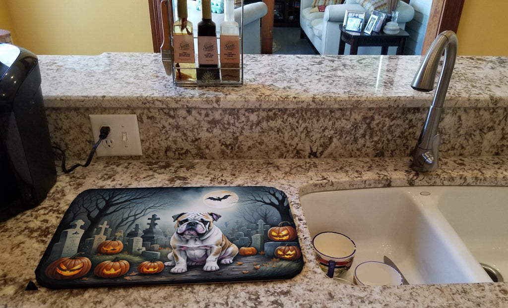 English Bulldog Spooky Halloween Dish Drying Mat Absorbent Dish Drying Mat Pad for Kitchen Counter Dish Drainer Mat for Countertop, 14 x 21", Multicolor