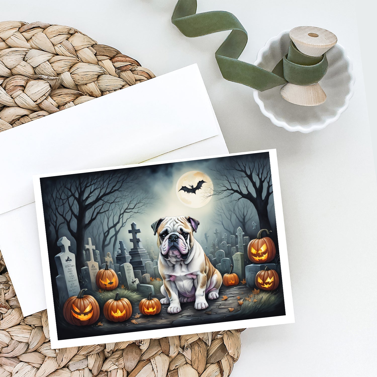 English Bulldog Spooky Halloween Greeting Cards Pack of 8 Blank Cards with Envelopes Whimsical A7 Size 5x7