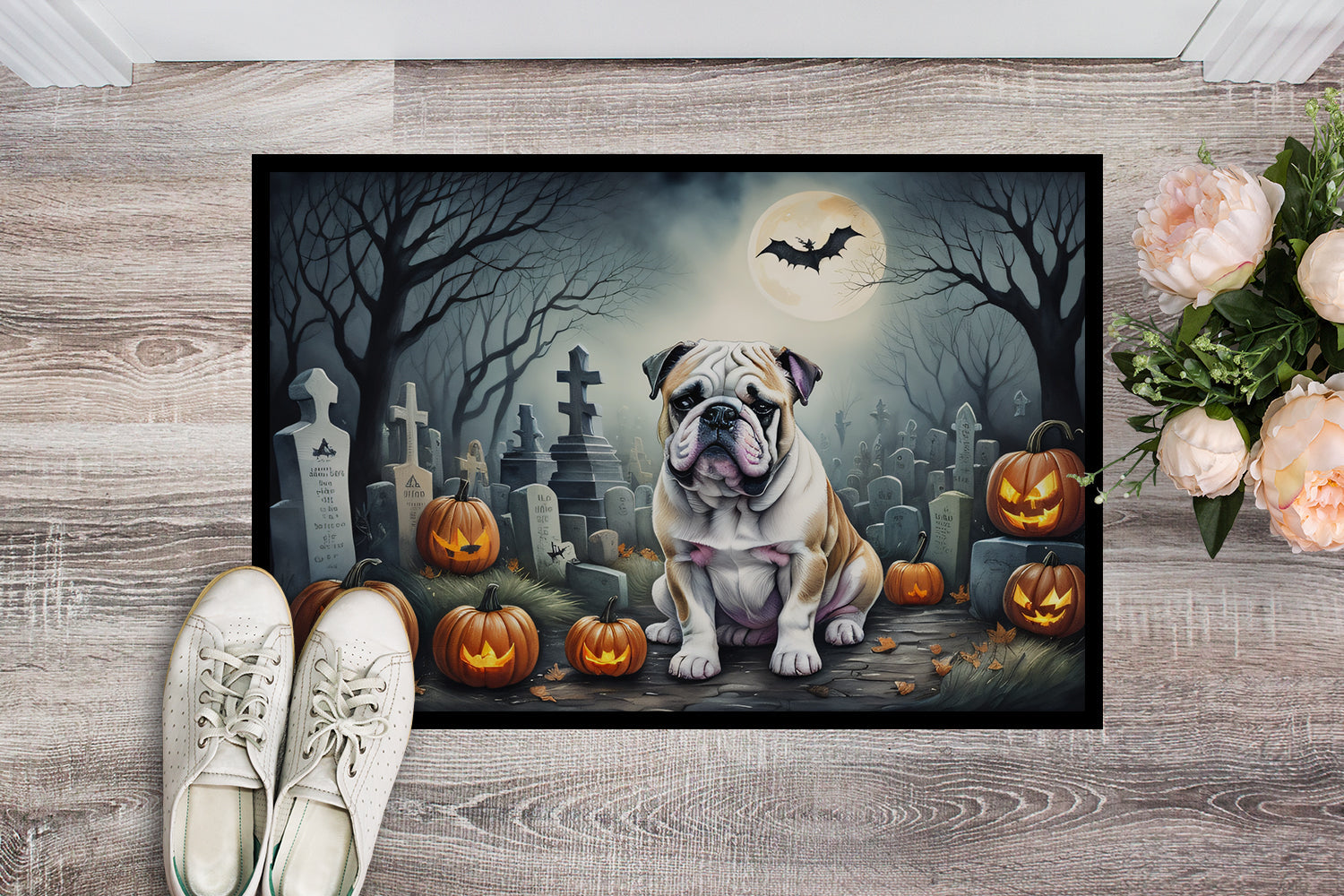 English Bulldog Spooky Halloween Doormat Indoor Outdoor 24H X 36W Front Door Mat Rugs for Entryway, Non Slip Washable Low Pile,