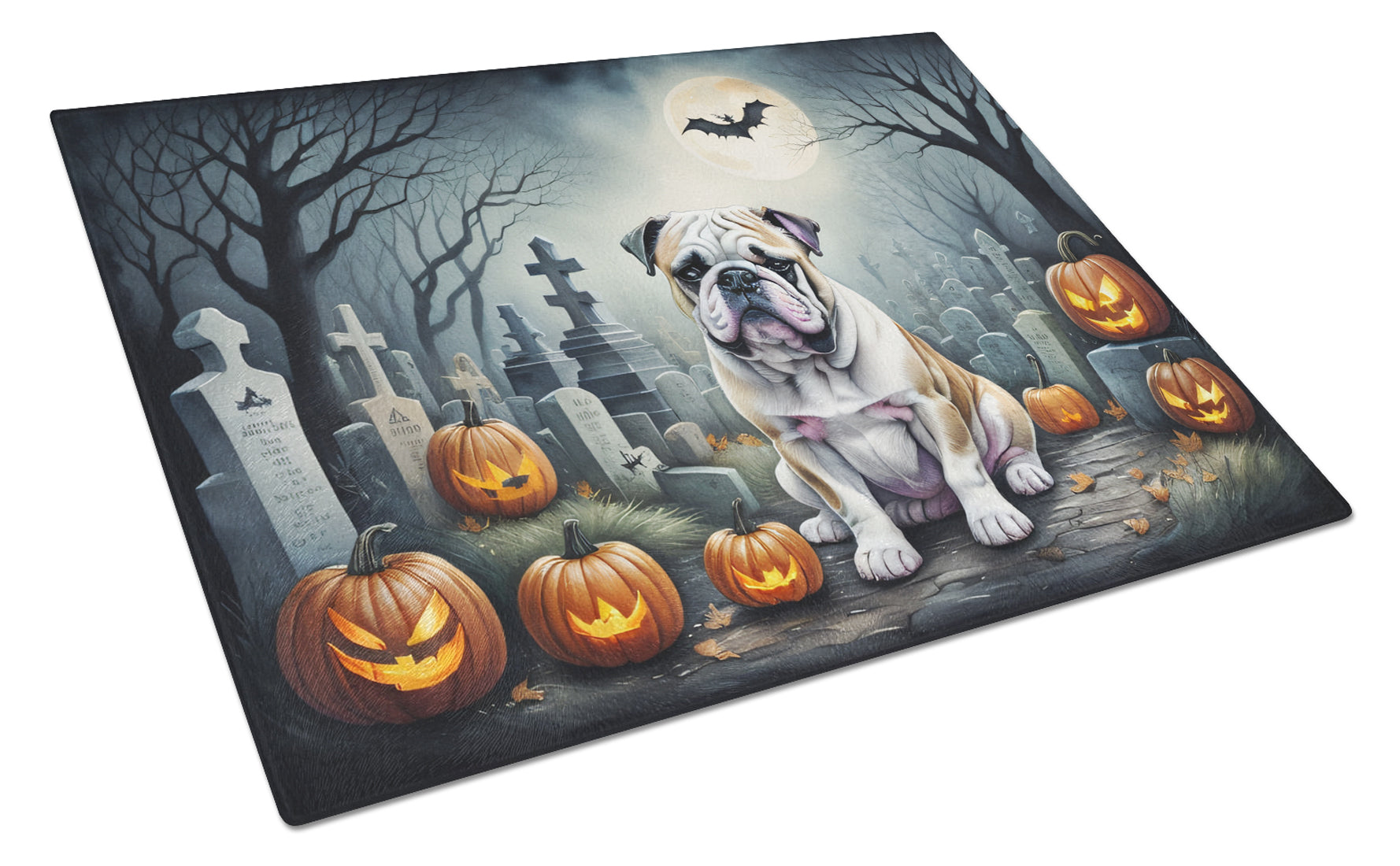 English Bulldog Spooky Halloween Cutting Board Tempered Glass Kitchen Cutting Surface, Heat Resistant Chopping, Non-Slip Feet, Food Prep & Serving