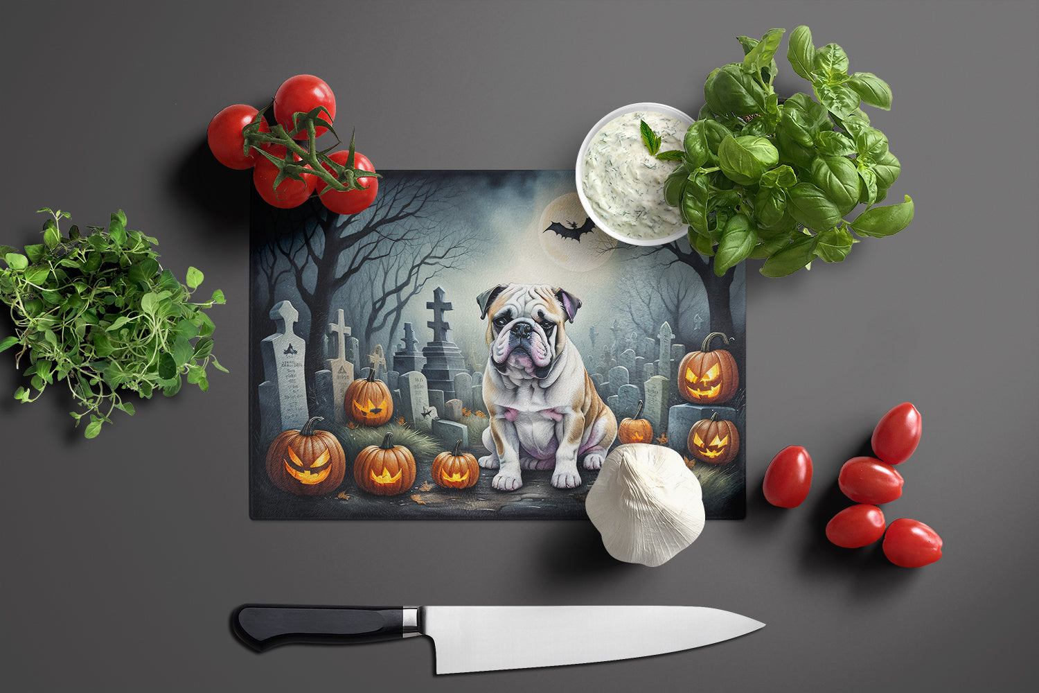 English Bulldog Spooky Halloween Cutting Board Tempered Glass Kitchen Cutting Surface, Heat Resistant Chopping, Non-Slip Feet, Food Prep & Serving
