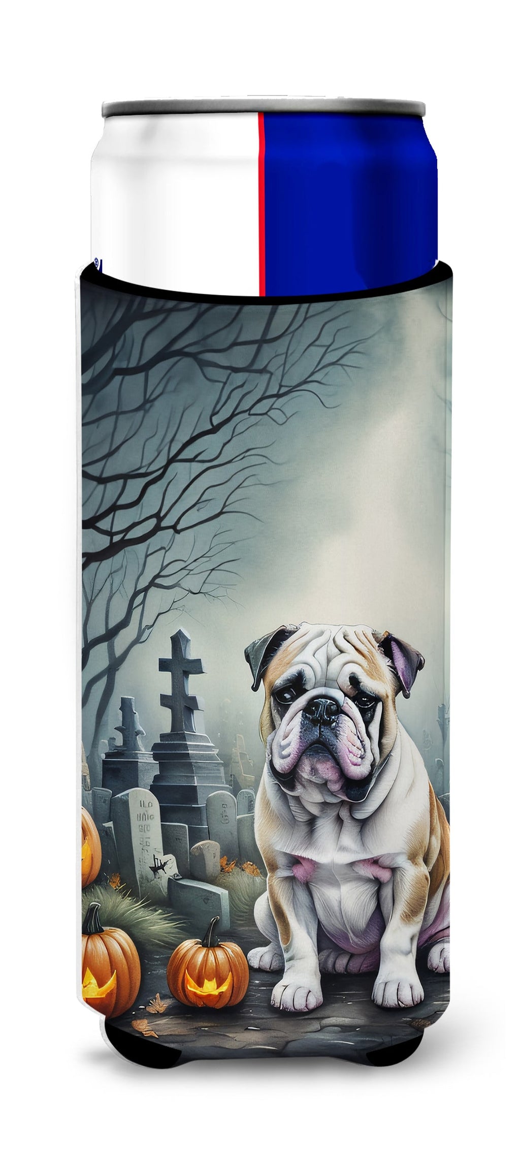 English Bulldog Spooky Halloween Slim Can Hugger , Insulated Foam Hugger for 12 oz Slim Cans, Beer Bottles & Water Bottles, Printed in USA