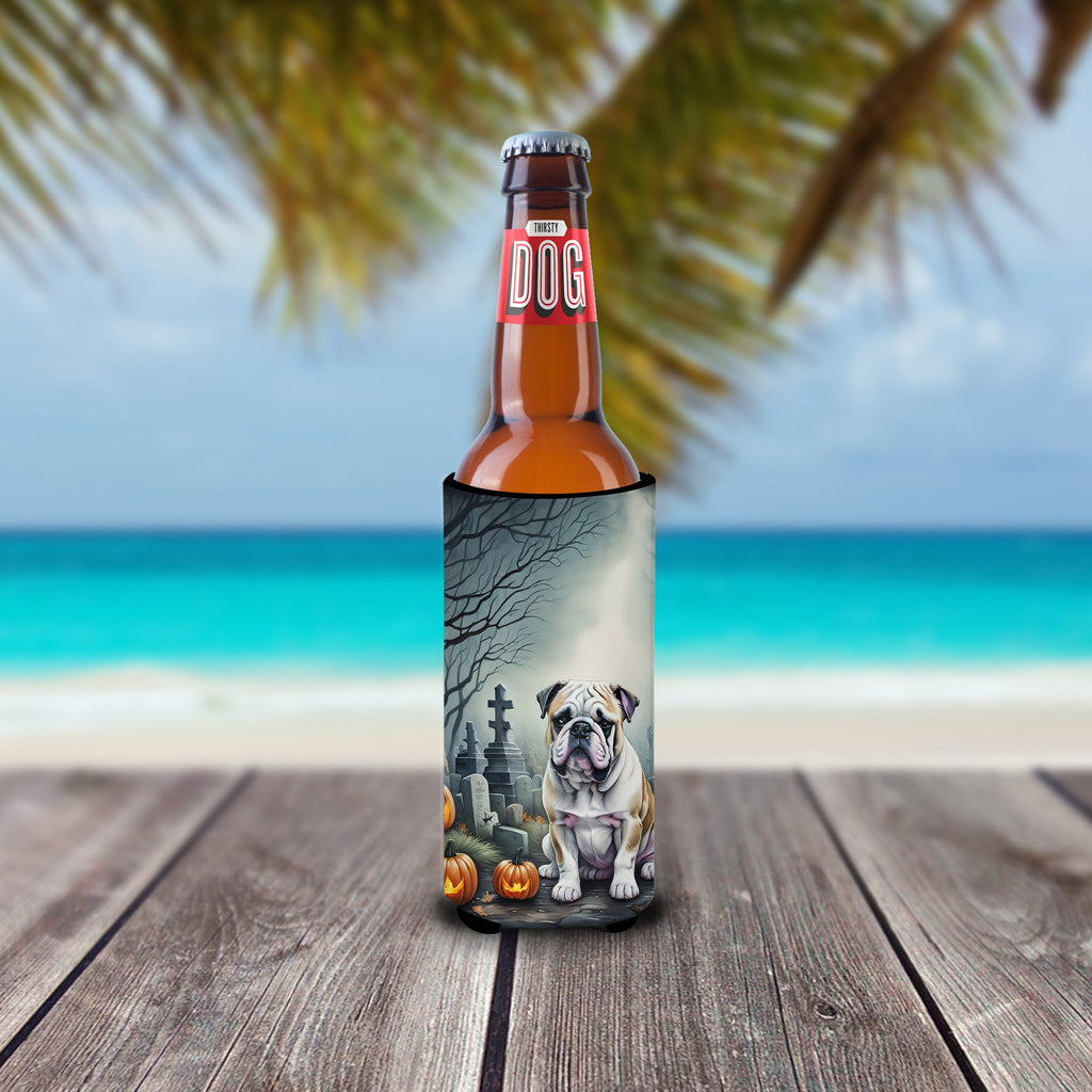 English Bulldog Spooky Halloween Slim Can Hugger , Insulated Foam Hugger for 12 oz Slim Cans, Beer Bottles & Water Bottles, Printed in USA