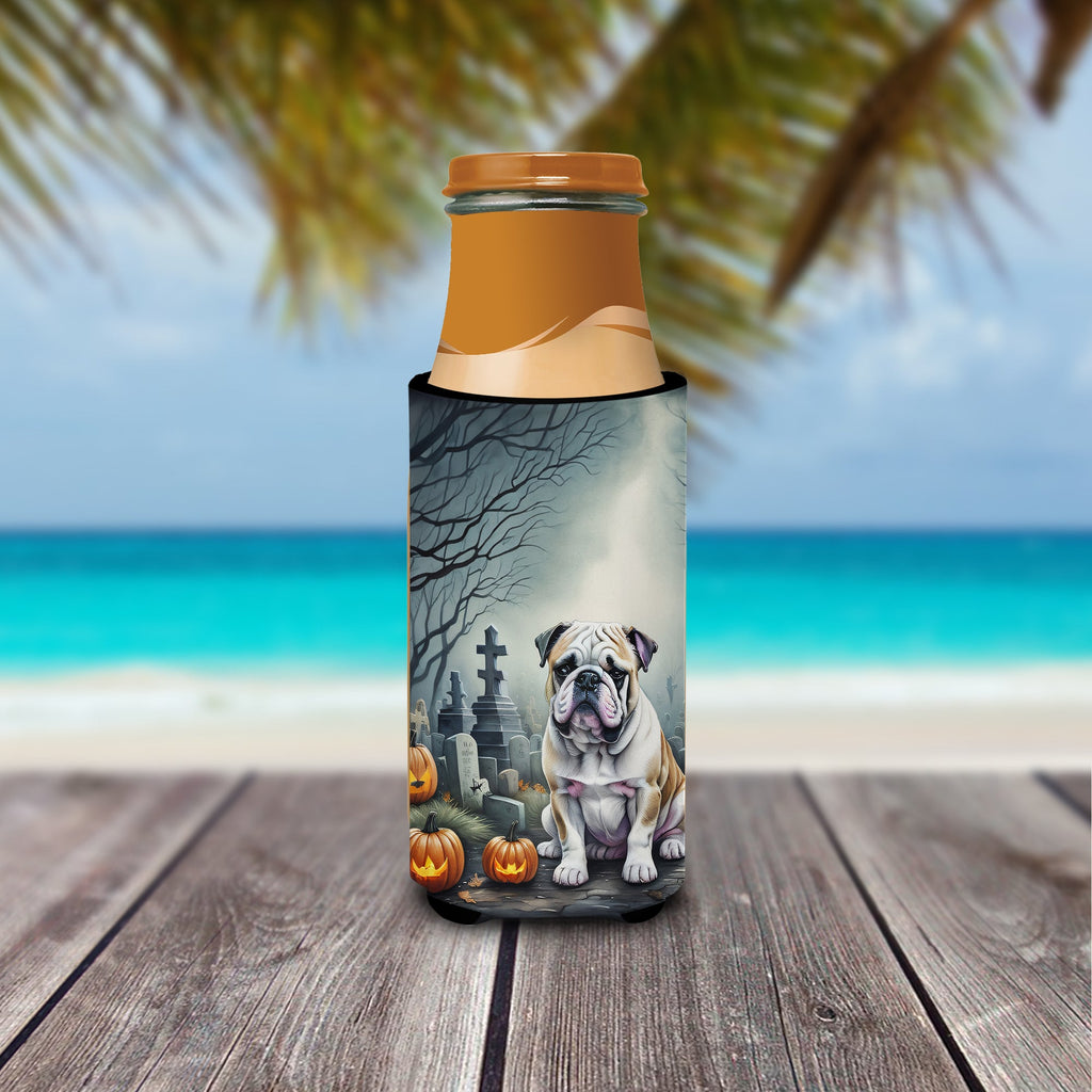 English Bulldog Spooky Halloween Slim Can Hugger , Insulated Foam Hugger for 12 oz Slim Cans, Beer Bottles & Water Bottles, Printed in USA