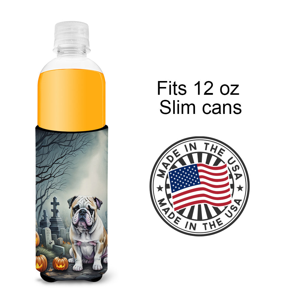 English Bulldog Spooky Halloween Slim Can Hugger , Insulated Foam Hugger for 12 oz Slim Cans, Beer Bottles & Water Bottles, Printed in USA