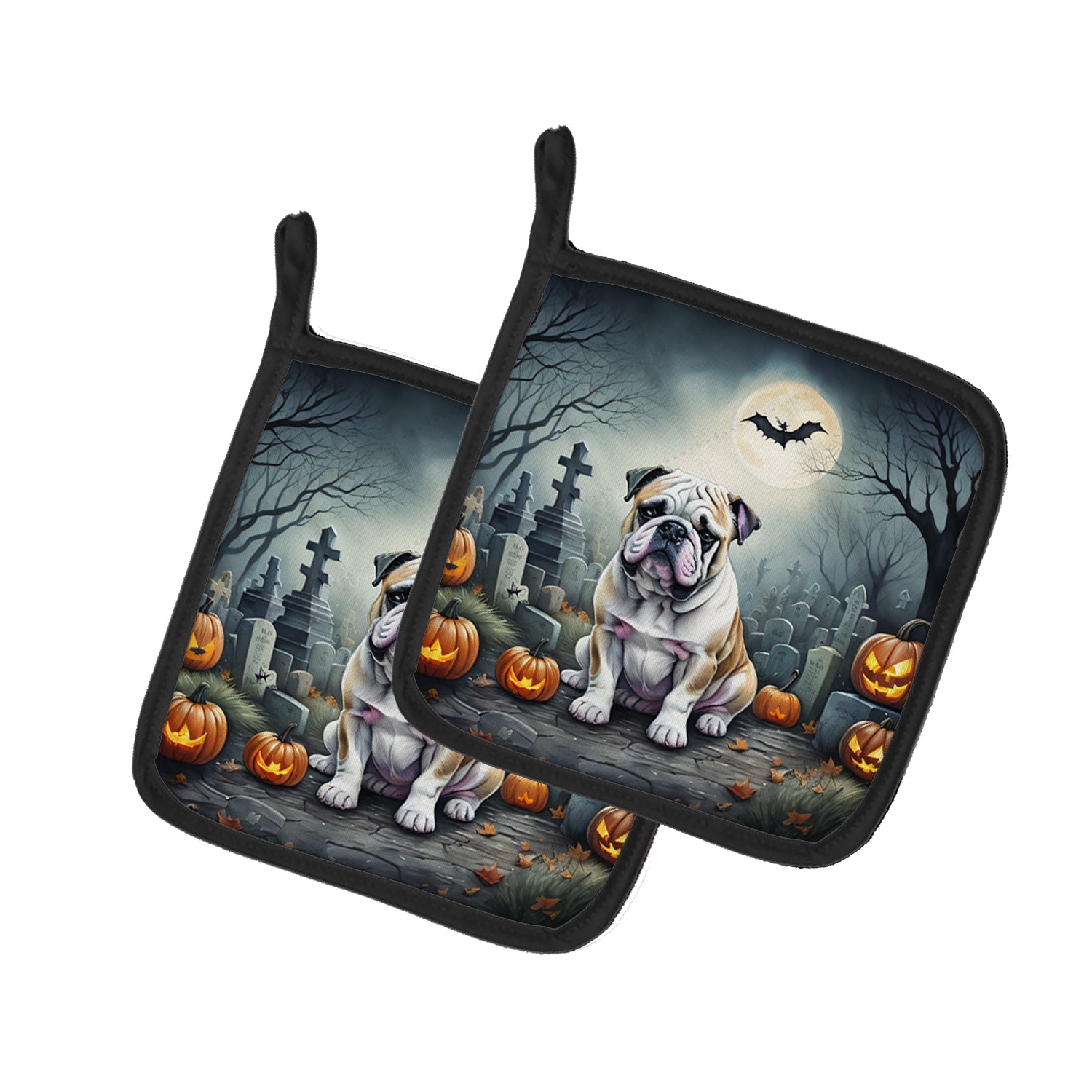 English Bulldog Spooky Halloween Pot Holder Set of 2 Heat Resistant Quilted Hot Pads 7.5 x 7.5 Inch, Insulated Kitchen Trivets for Cooking & Baking