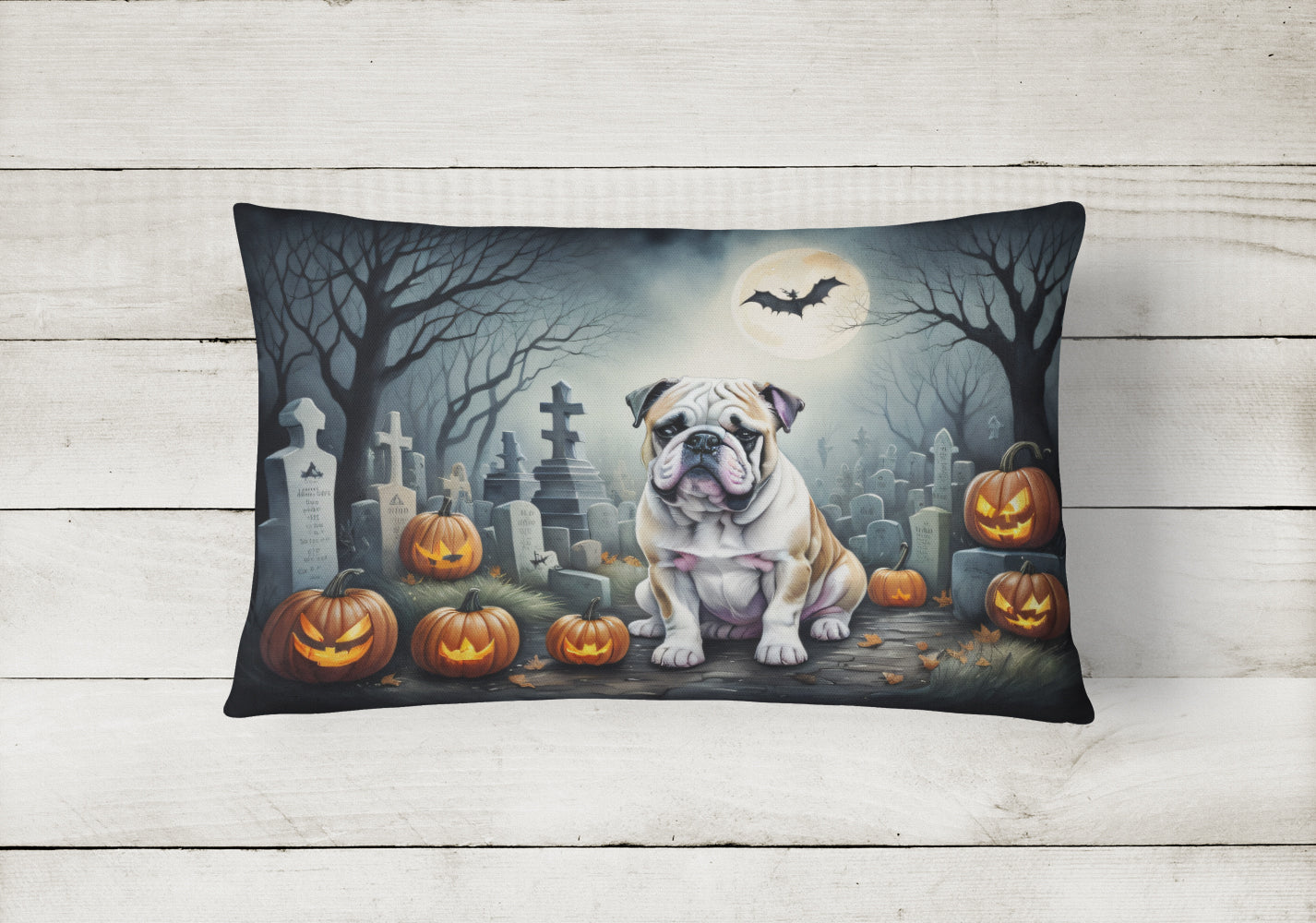English Bulldog Spooky Halloween Decorative Throw Pillow 12x16 Indoor Outdoor Accent Cushion, Fabric Cover with Insert for Sofa, Bed, Porch & Living Room