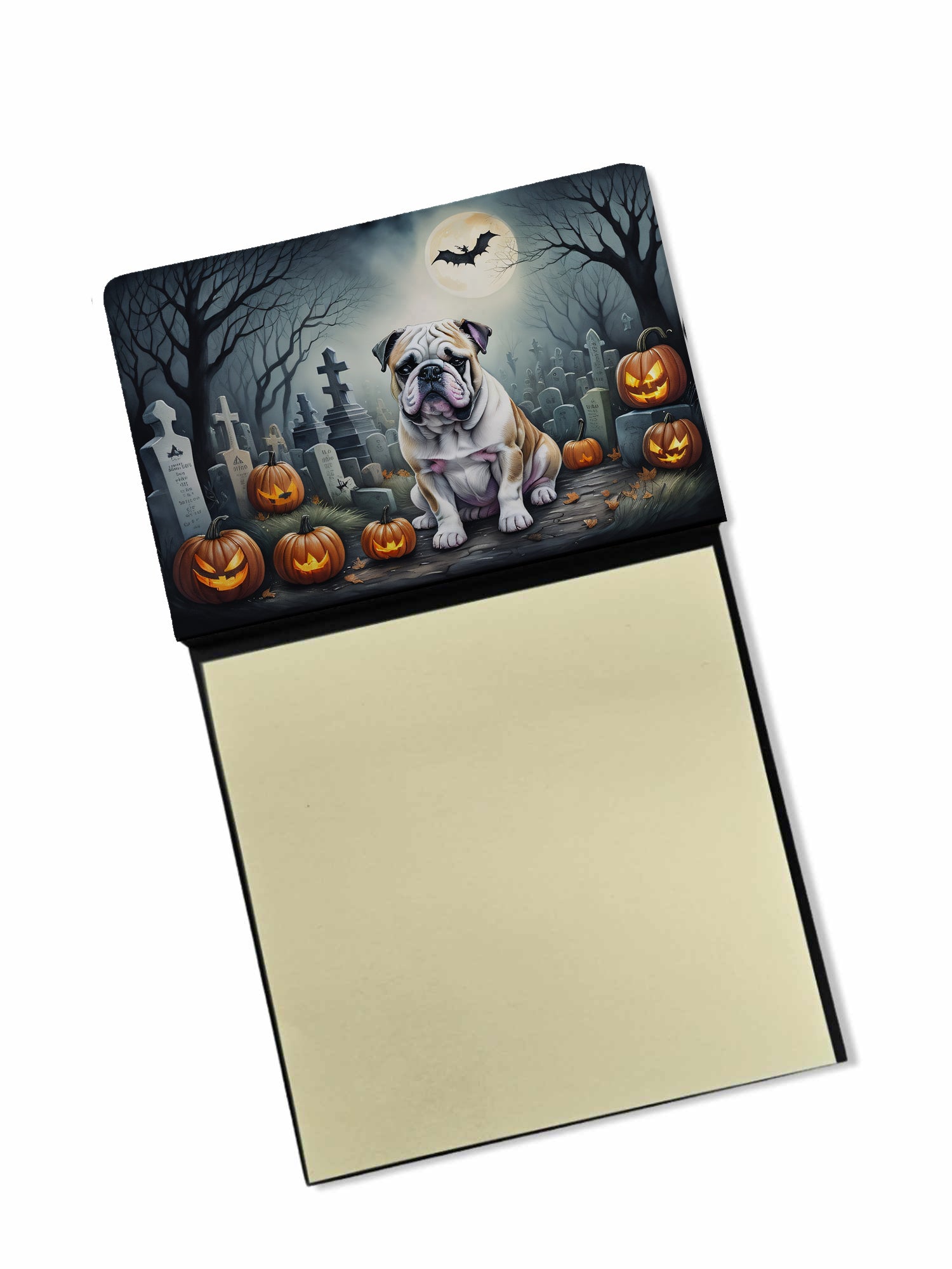 English Bulldog Spooky Halloween Watercolor Sticky Note Holder Refillable Dispenser Desk Accessory 3x3 Pad Gift