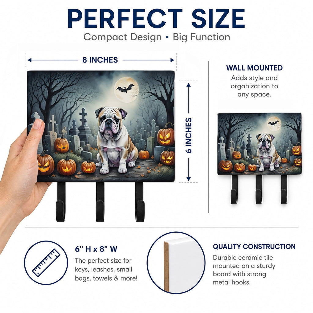 English Bulldog Spooky Halloween Leash or Key Holder Wall Hooks, Coat Rack Wall Mount, for Hanging Keys, Towels, Aprons, Leashes