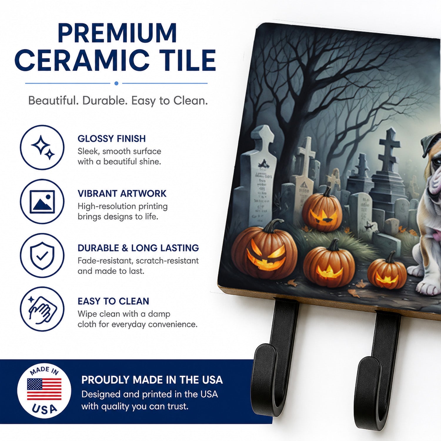 English Bulldog Spooky Halloween Leash or Key Holder Wall Hooks, Coat Rack Wall Mount, for Hanging Keys, Towels, Aprons, Leashes