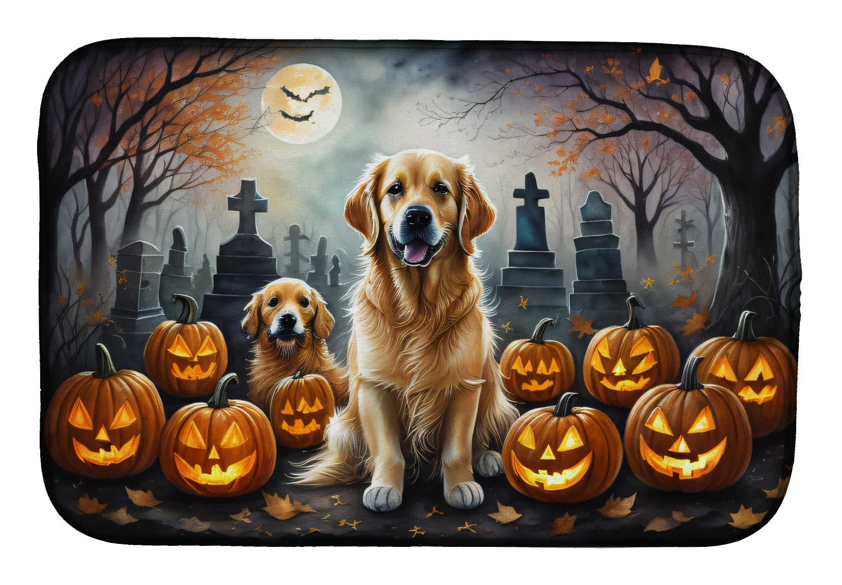 Golden Retriever Spooky Halloween Dish Drying Mat Absorbent Dish Drying Mat Pad for Kitchen Counter Dish Drainer Mat for Countertop, 14 x 21", Multicolor