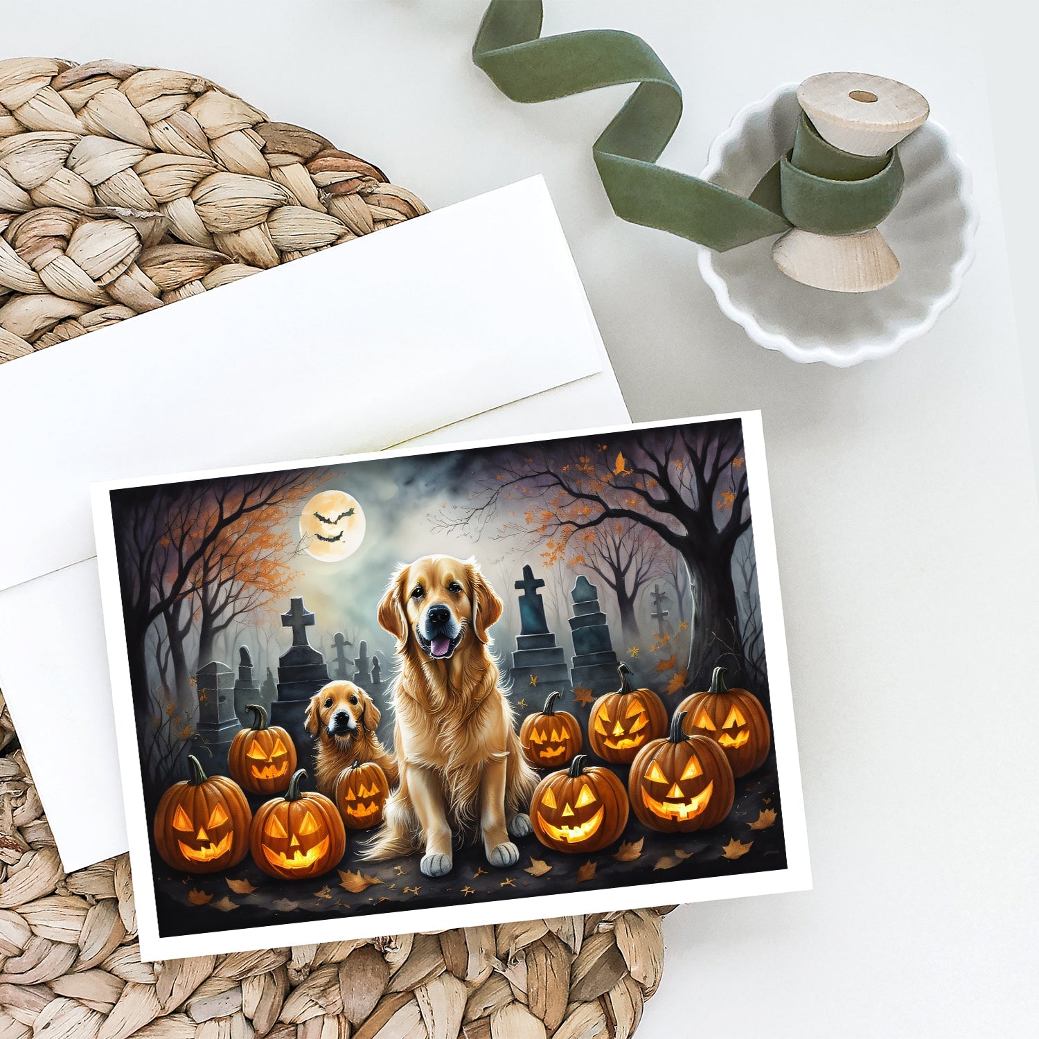 Golden Retriever Spooky Halloween Greeting Cards Pack of 8 Blank Cards with Envelopes Whimsical A7 Size 5x7