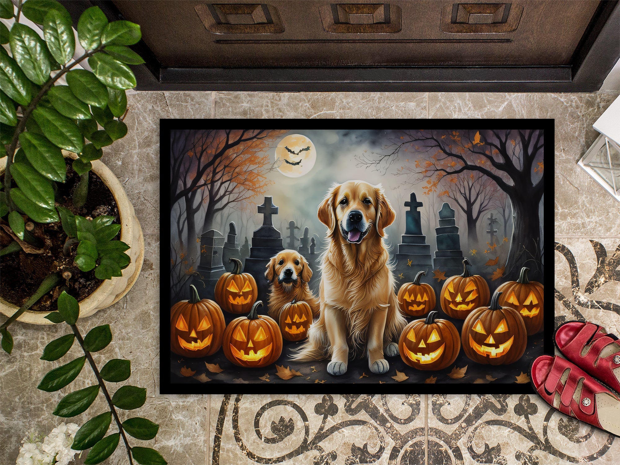 Golden Retriever Spooky Halloween Doormat Indoor Outdoor 24H X 36W Front Door Mat Rugs for Entryway, Non Slip Washable Low Pile,