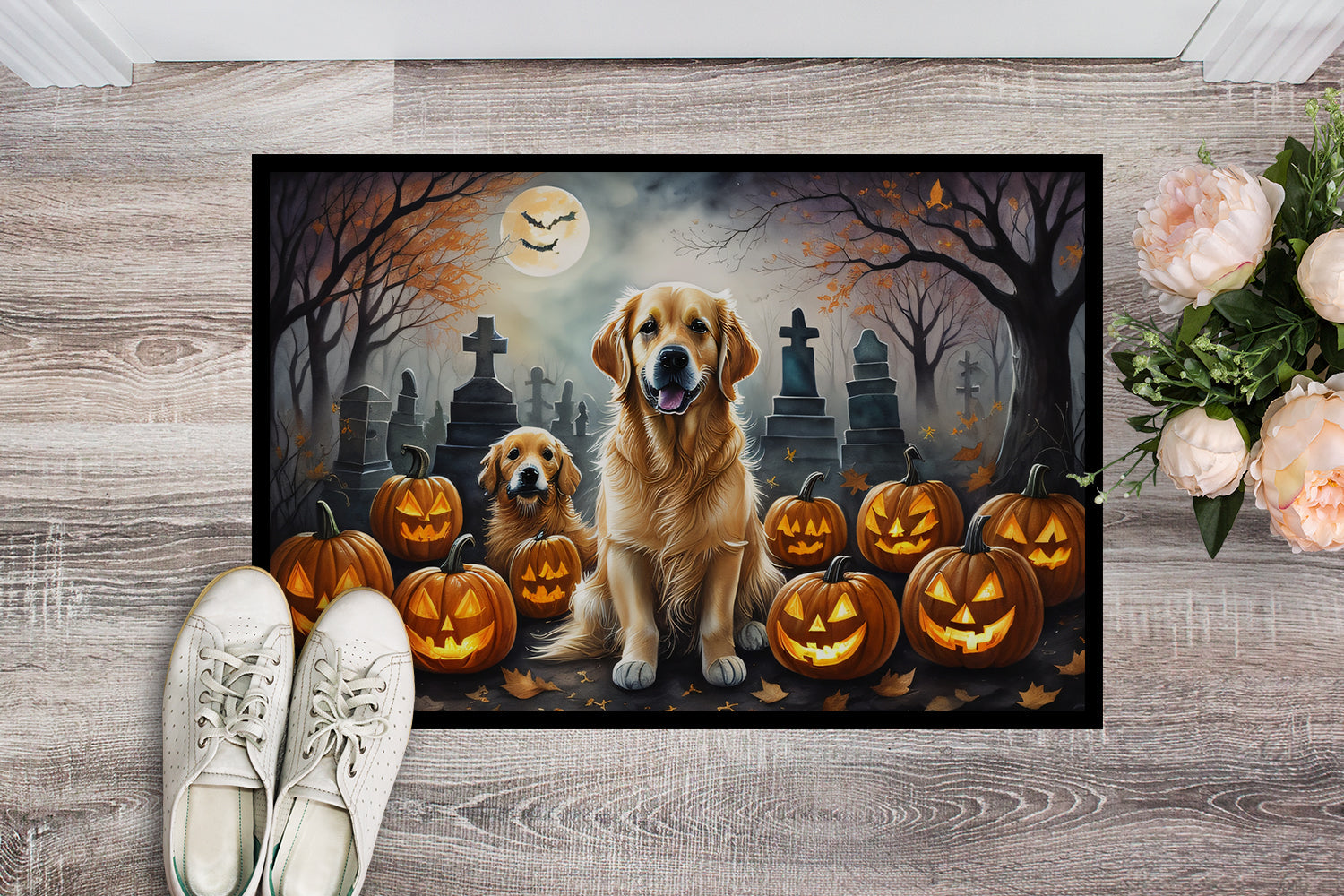 Golden Retriever Spooky Halloween Doormat Indoor Outdoor 18H X 27W Front Door Mat Rugs for Entryway, Non Slip Washable