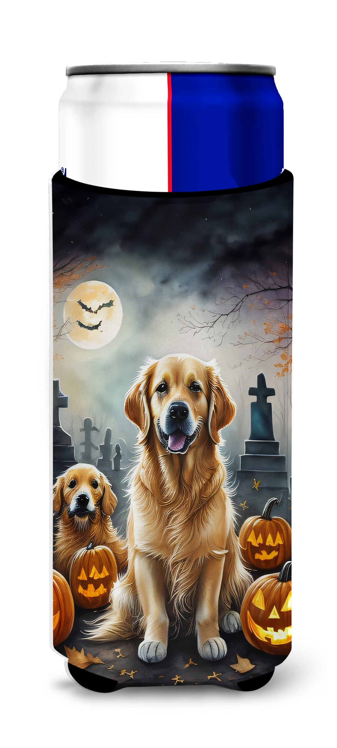 Golden Retriever Spooky Halloween Slim Can Hugger , Insulated Foam Hugger for 12 oz Slim Cans, Beer Bottles & Water Bottles, Printed in USA