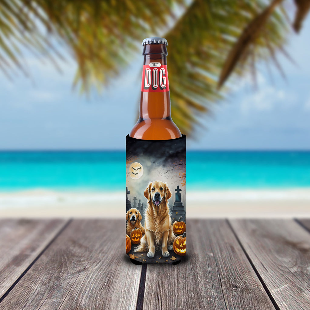 Golden Retriever Spooky Halloween Slim Can Hugger , Insulated Foam Hugger for 12 oz Slim Cans, Beer Bottles & Water Bottles, Printed in USA